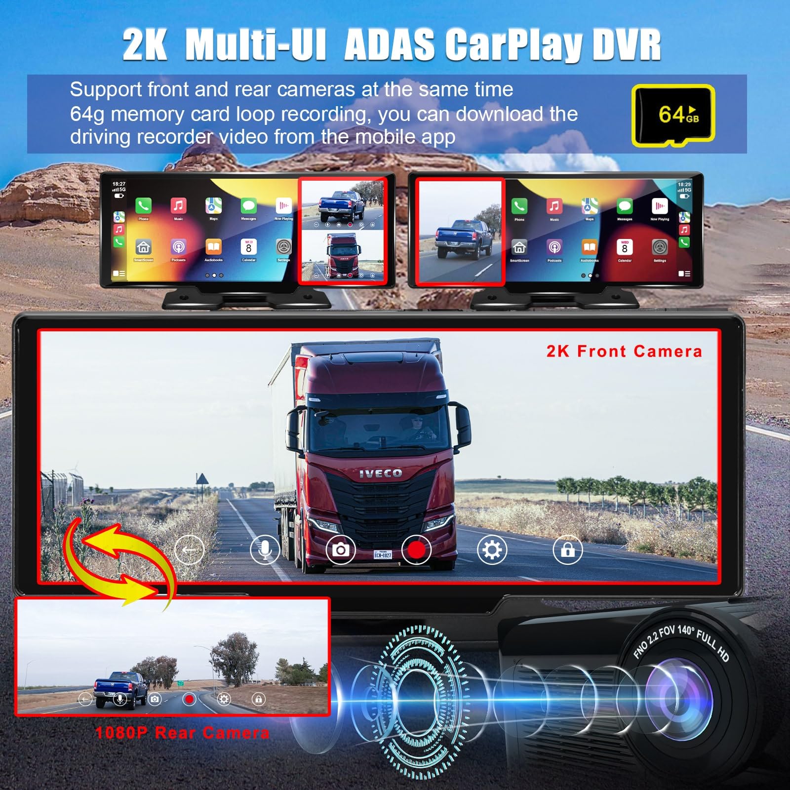 Portable Carplay Screen For Car, 10.26'' Wireless Car Stereo Receiver Apple Carplay & Android Auto With Front Dash Cam/1080P Bac