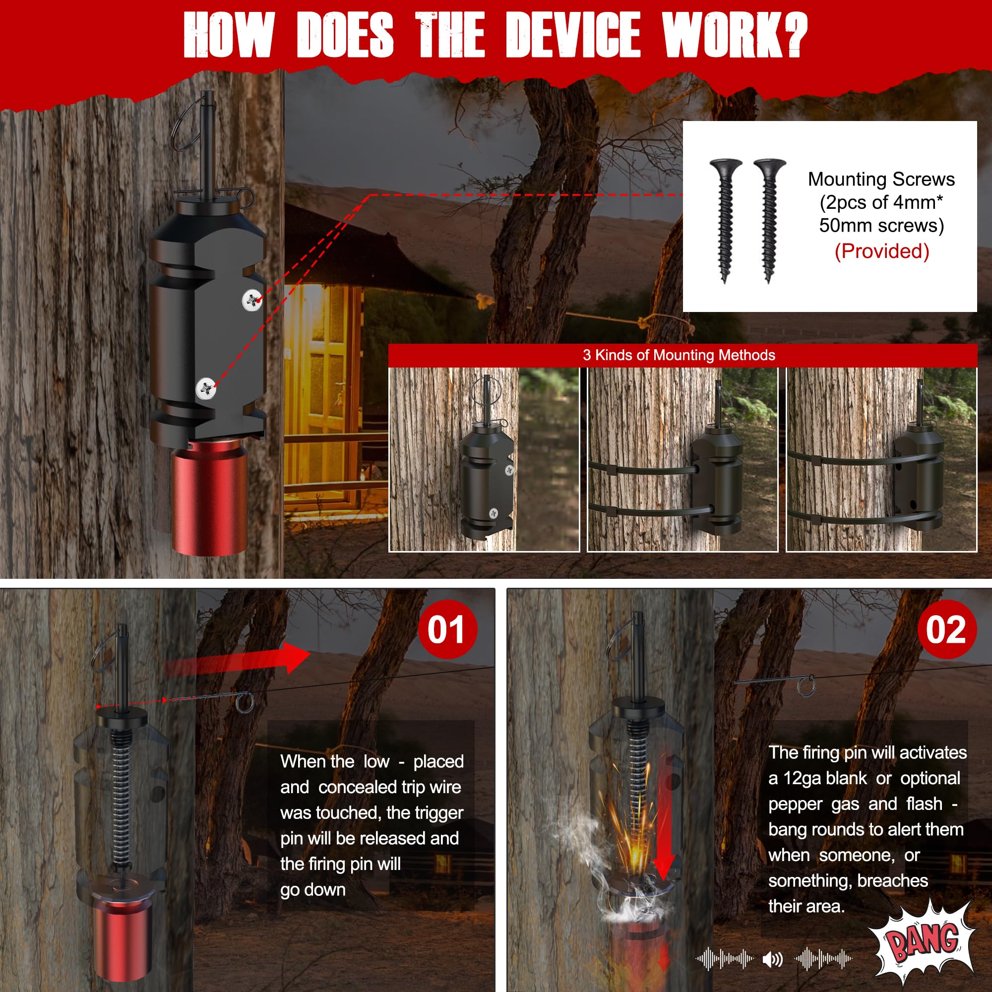 Perimeter Trip Alarm, 12 Gauge Camping Trip Wire Alarm Device, Early Warning Security System For Camping And Property Safety (2