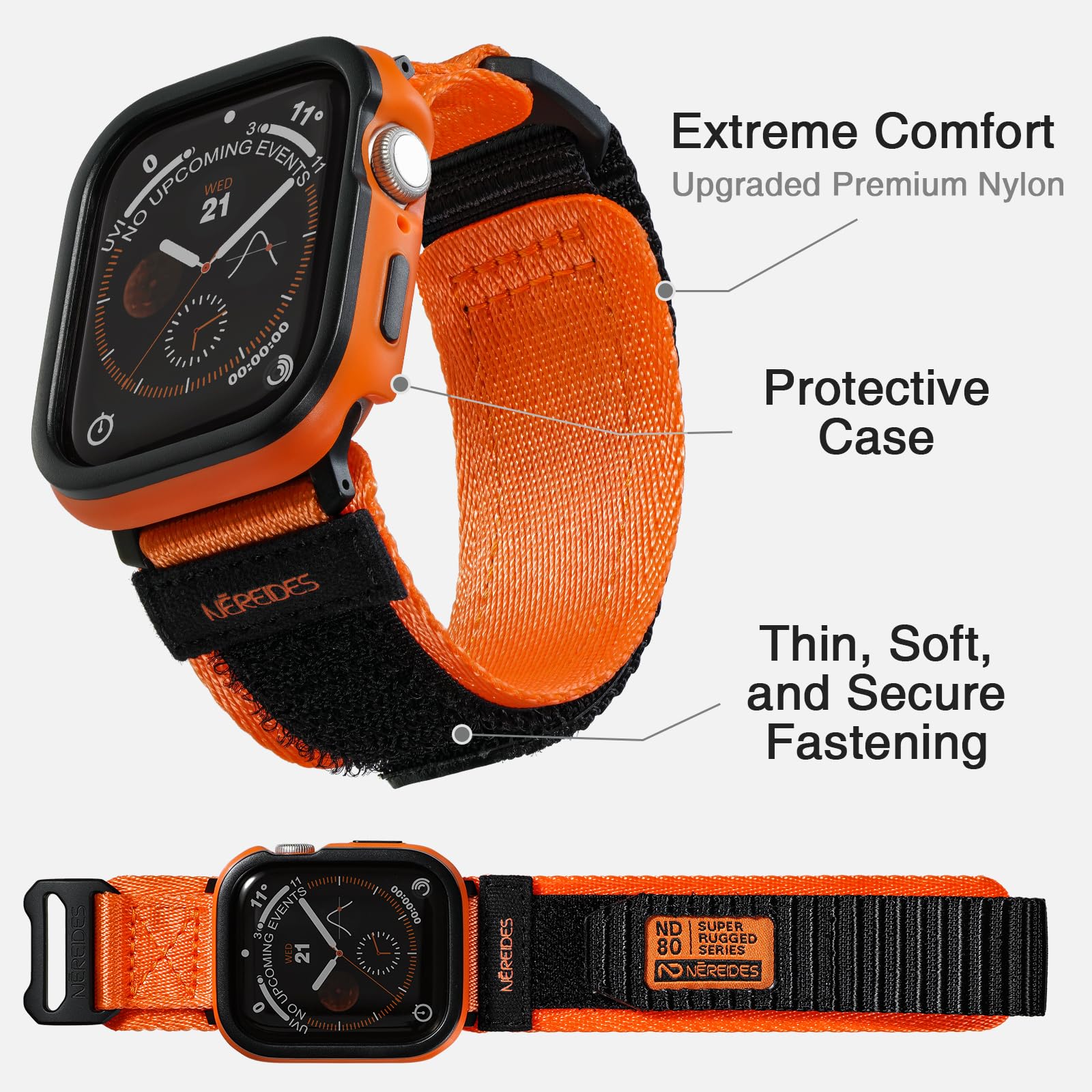 Rugged Case With Band For Apple Watch Series 9/8/7 Band 45Mm, Hook And Loop Nylon Sport Strap With Case For Iwatch Men(Orange)