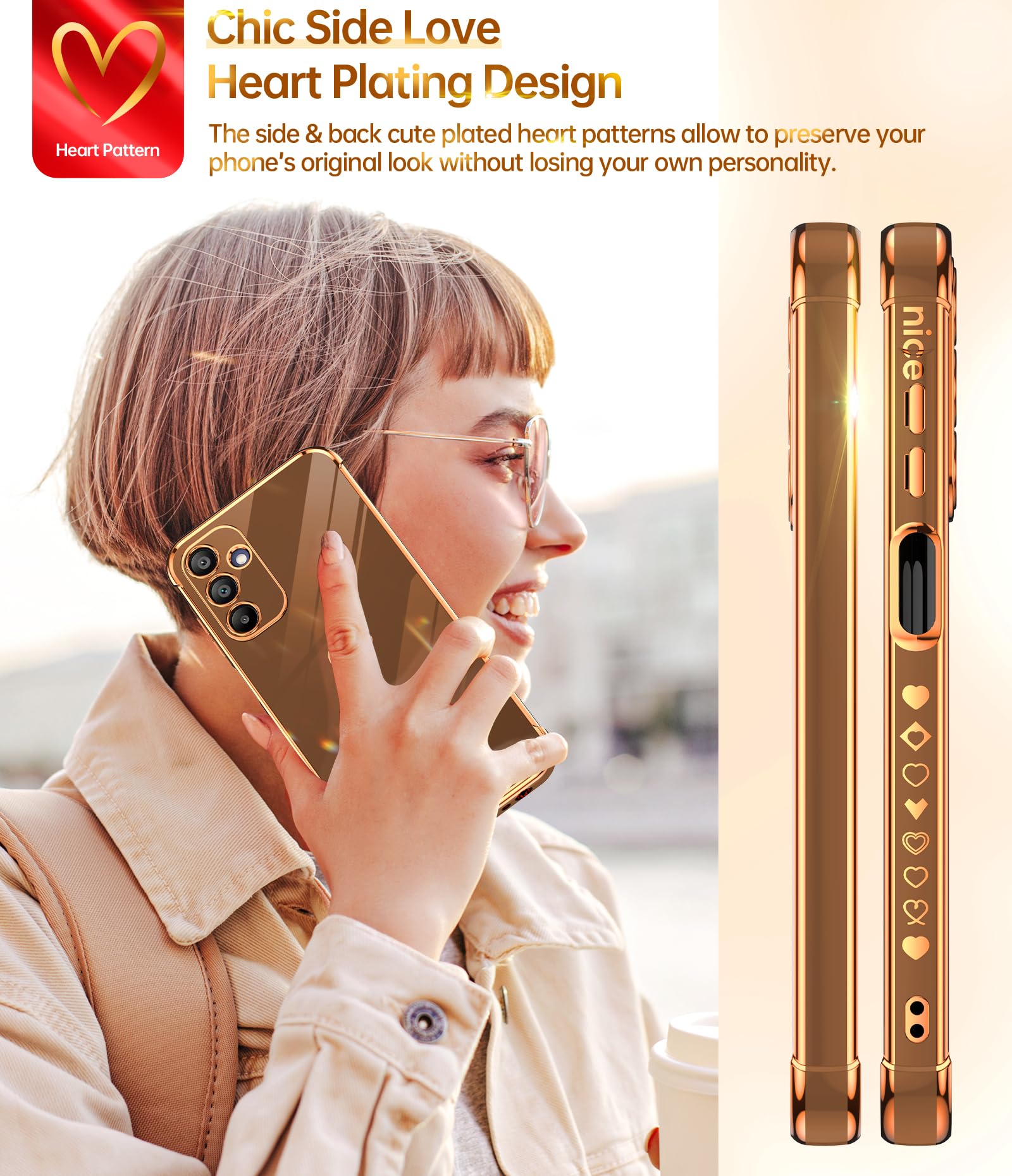 Leyi For Samsung A15 5G Case: With Tempered Glass Screen Protector [2 Pcs]+ Full Camera Lens Protection, Love Heart Plating Luxu