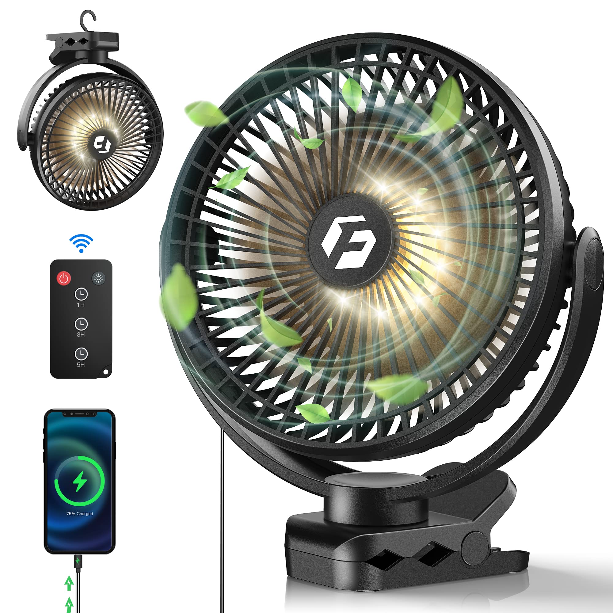 Frizcol 12000Mah 8 Inch Portable Clip On Fan,Battery Operated Camping Fan With Lights And Remote, Usb Fan Small Desk Fan Persona