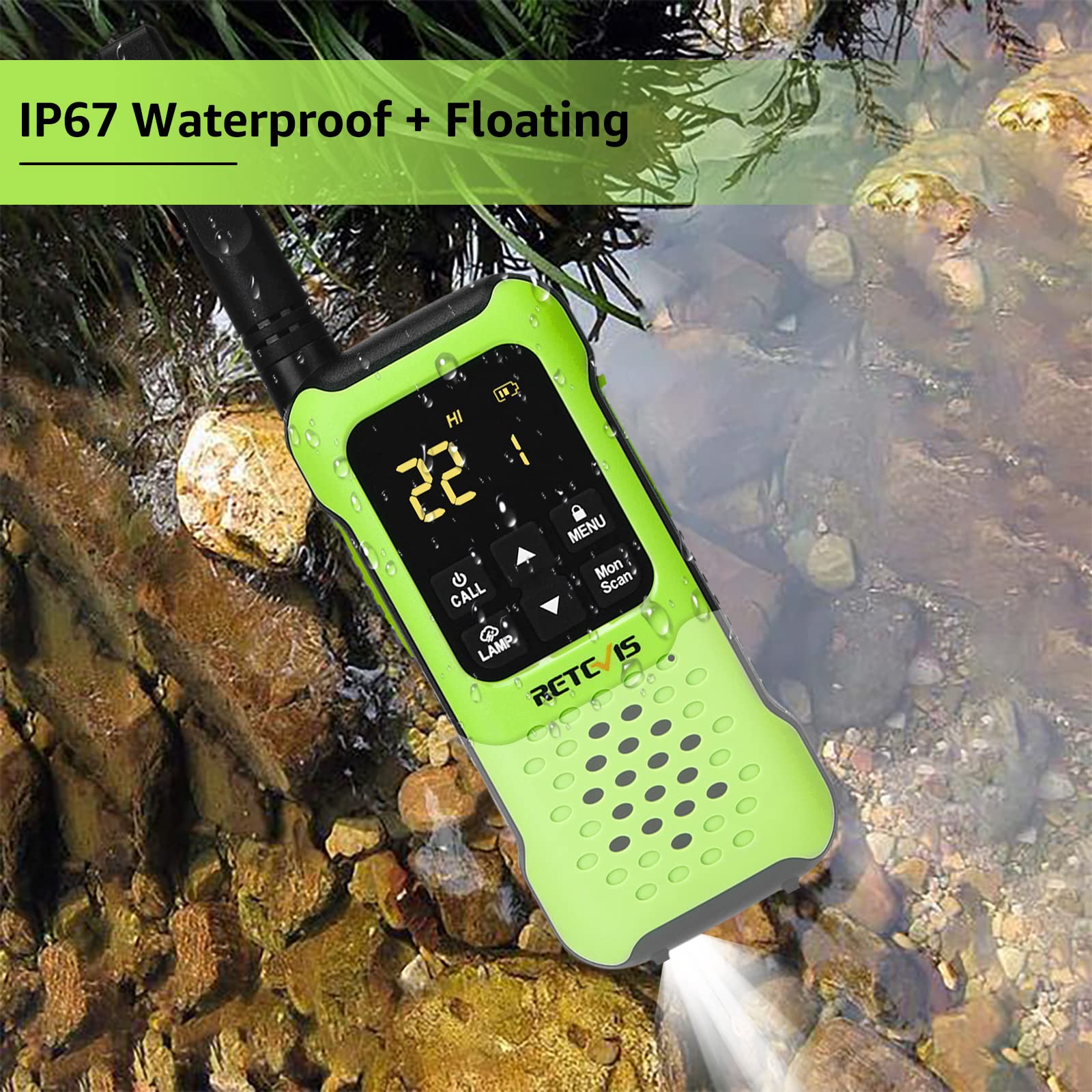 Retevis Rt49P Waterproof Two Way Radio, Ip67 Walkie Talkies Floatable, Rechargeable 2 Way Radio For Adults, Vox, Noaa, Flashlight, Sos, For Kayaking, Fishing 4 Pcs Green