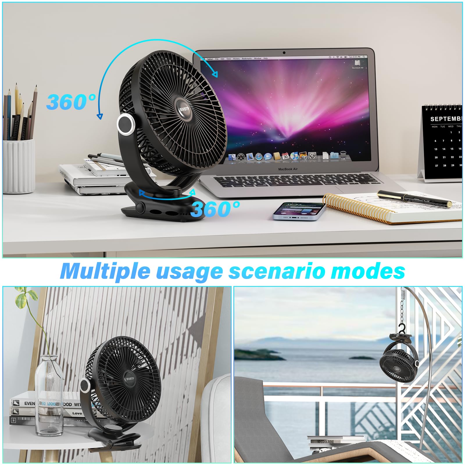 Bivbtp 12000Mah Clip On Fan 30H Longest Runtime, 8In Portable Fan Rechargeable, Ultra Quiet With Heavy-Duty Clamp, Usb Desk Fans
