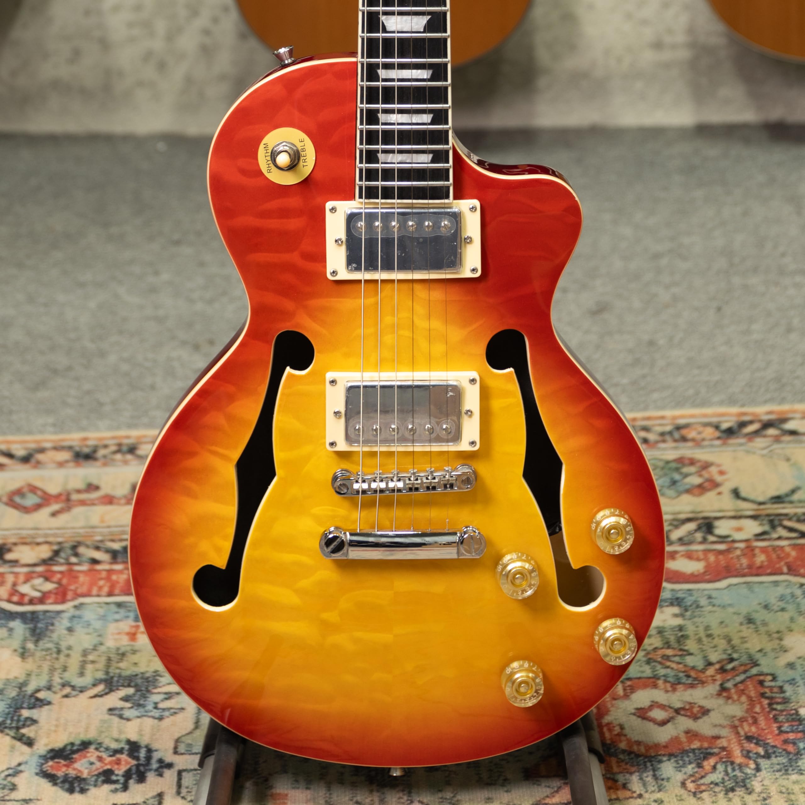 Tario Electric Guitar Cherryburst Semi Hollowbody Quilted Maple Top Okoume Body Maple Neck With Bag