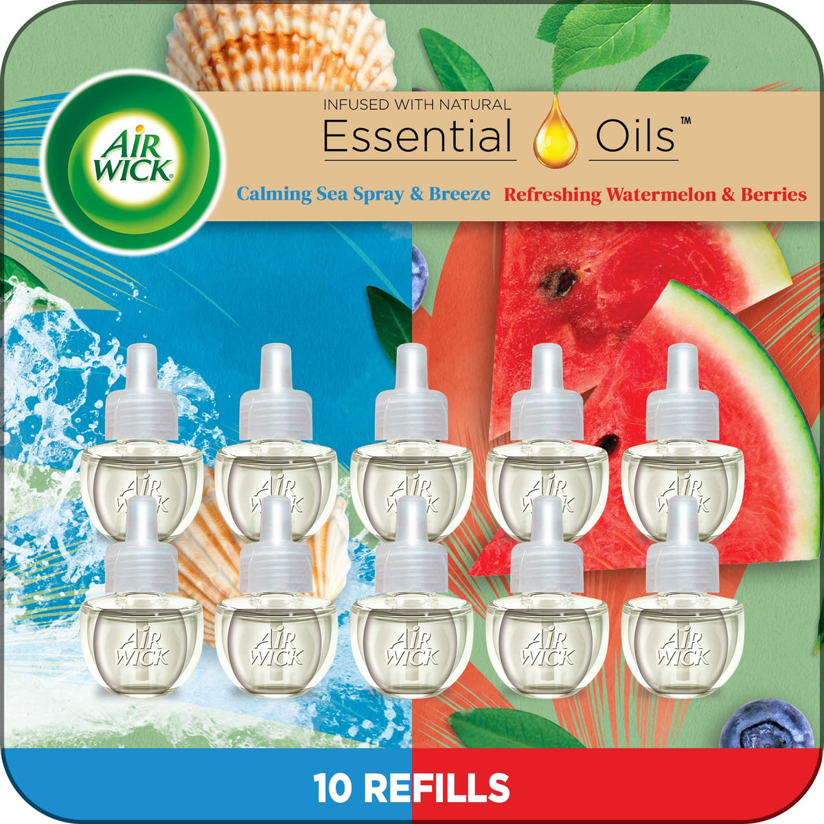 Air Wick Plug In Scented Oil Refill, 10Ct, Calming Sea Spray Breeze & Fresh Watermelon, Air Freshener, Essential Oils