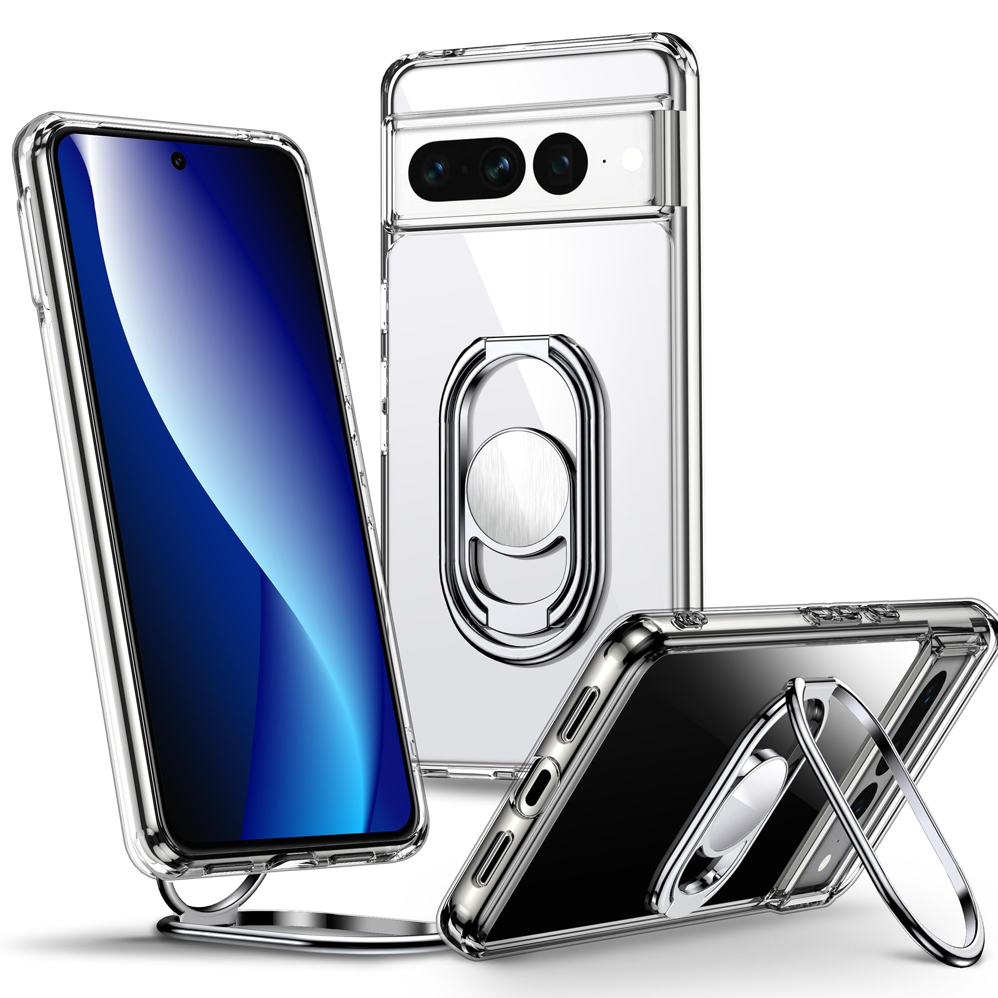 Shields Up Clear Case for Google Pixel 7 Pro with Stand, Double Ring Holder & Shockproof Protection