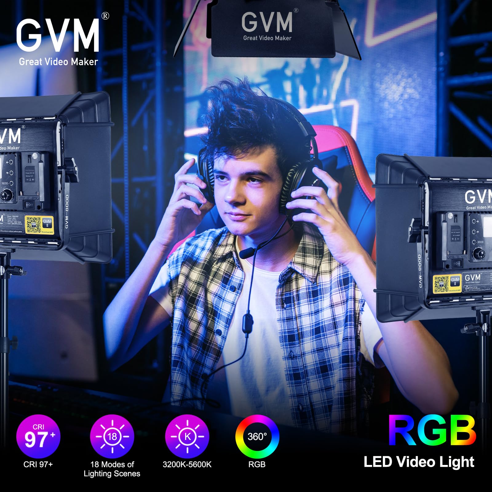 Gvm Rgb Led Video Lighting Kit, 800D Studio Video Lights With Panel, App Control For Youtube Photography Lighting, , 3200K 5600K