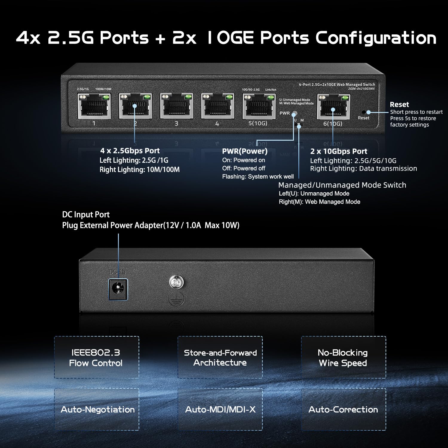 Binardat 6 Port 10G Switch, 4 X 2.5G Rj 45 Base T Ports, 2 X 10G Rj 45 Ports, Web Managed/Unmanaged, Metal Fanless Managed Multi
