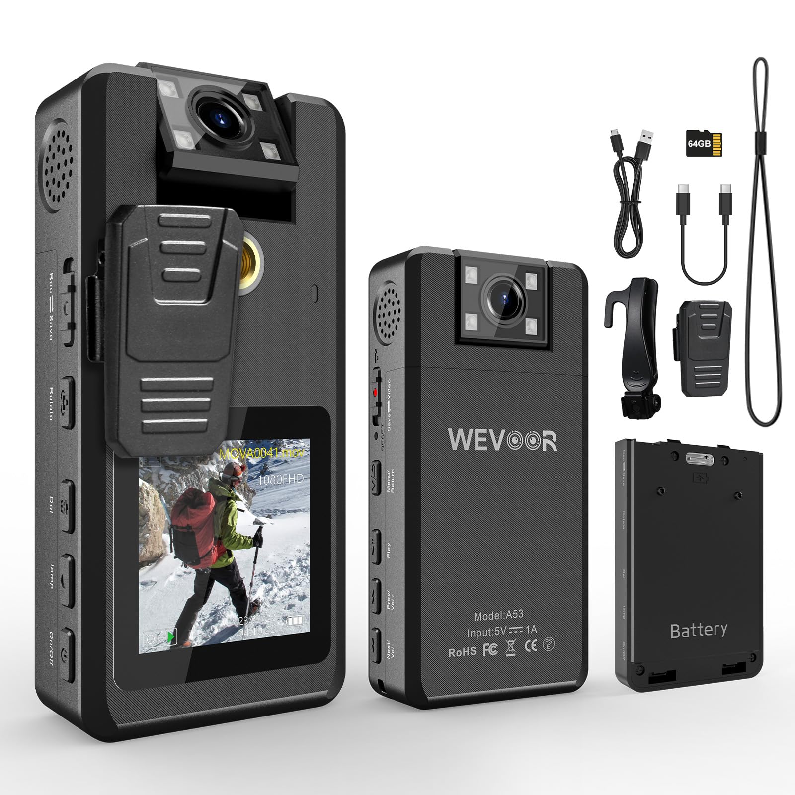 Wevoor 1296P FHD Body Camera A53, 20Hours Dual Battery Pack, 64GB Wearable Police Camera with IR Night Vision + 180 Rotatable Le