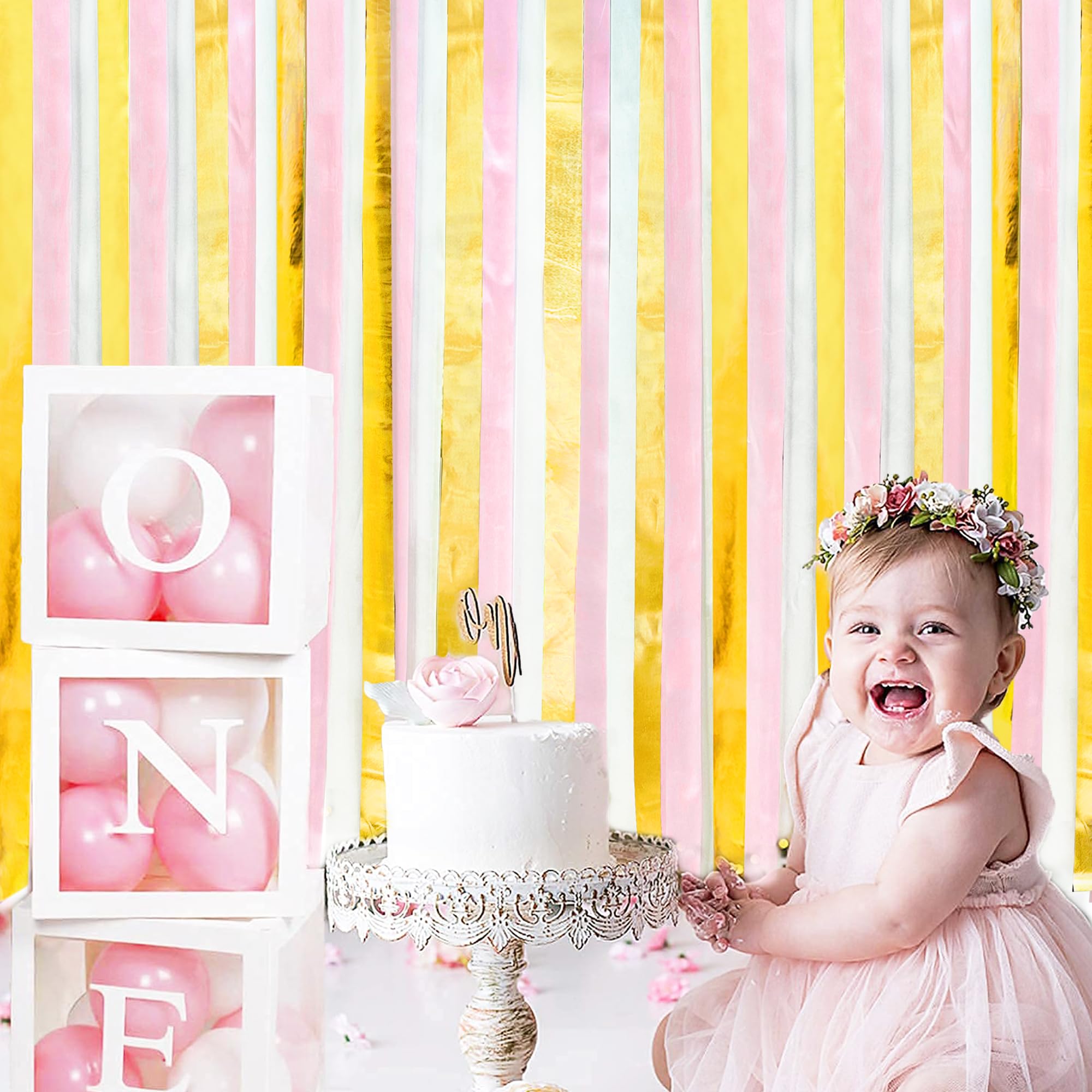 Gold Pink And White Party Decoration Streamer Backdrop 197 Ft  1.97'' Wide Satin Ribbon Fringe Hanging Garland For Birthday Baby