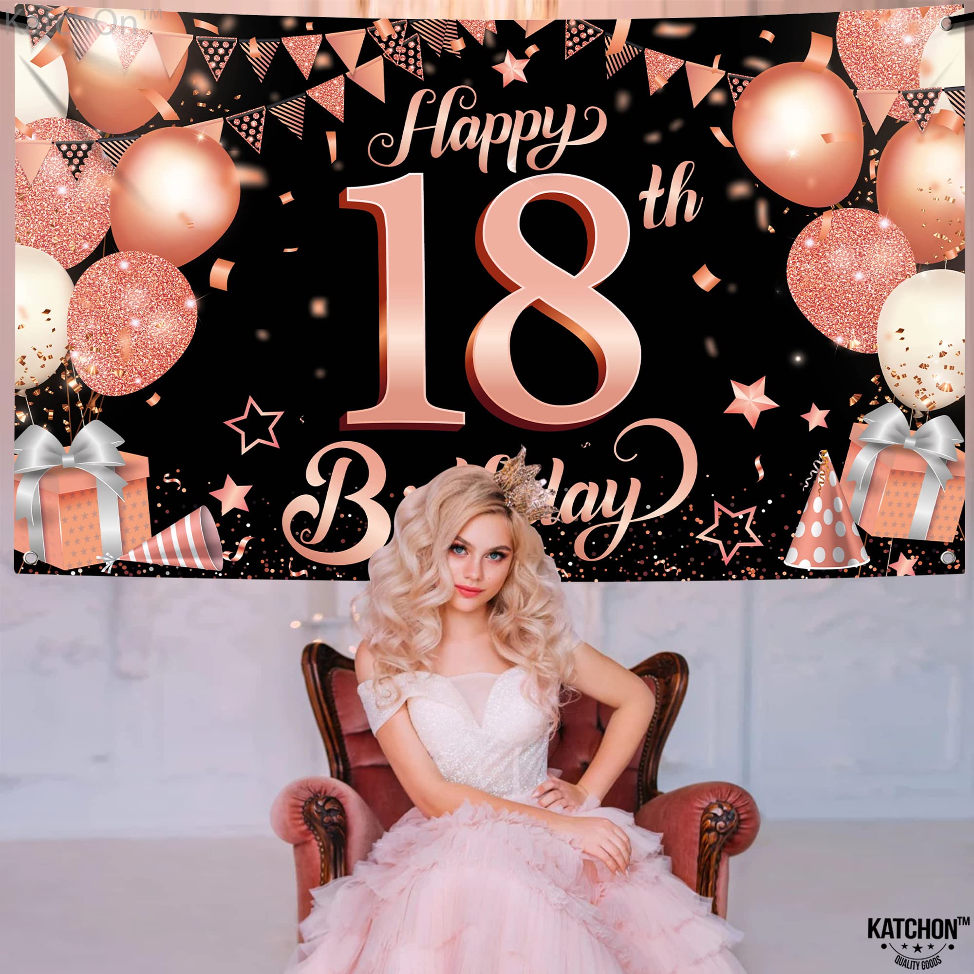 Katchon, Rose Gold Happy 18Th Birthday Banner   Large, 72X44 Inch | Rose Gold And Black Happy 18Th Birthday Decorations For Girl