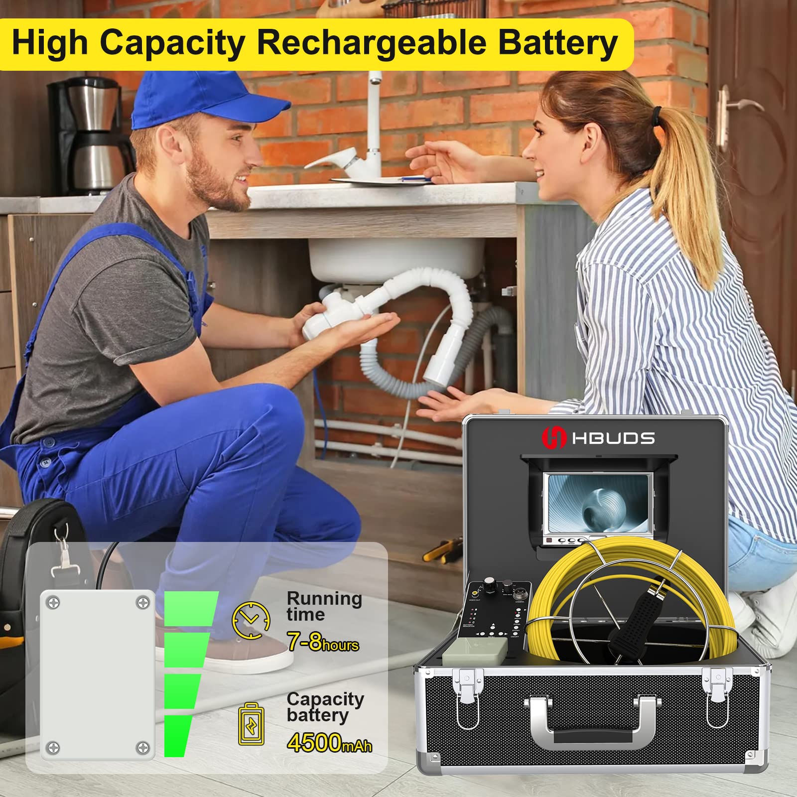 Pipe Pipeline Inspection Camera, Drain Sewer Industrial Endoscope Hbuds Waterproof Ip68 Snake Video System With 7 Inch Lcd Monit