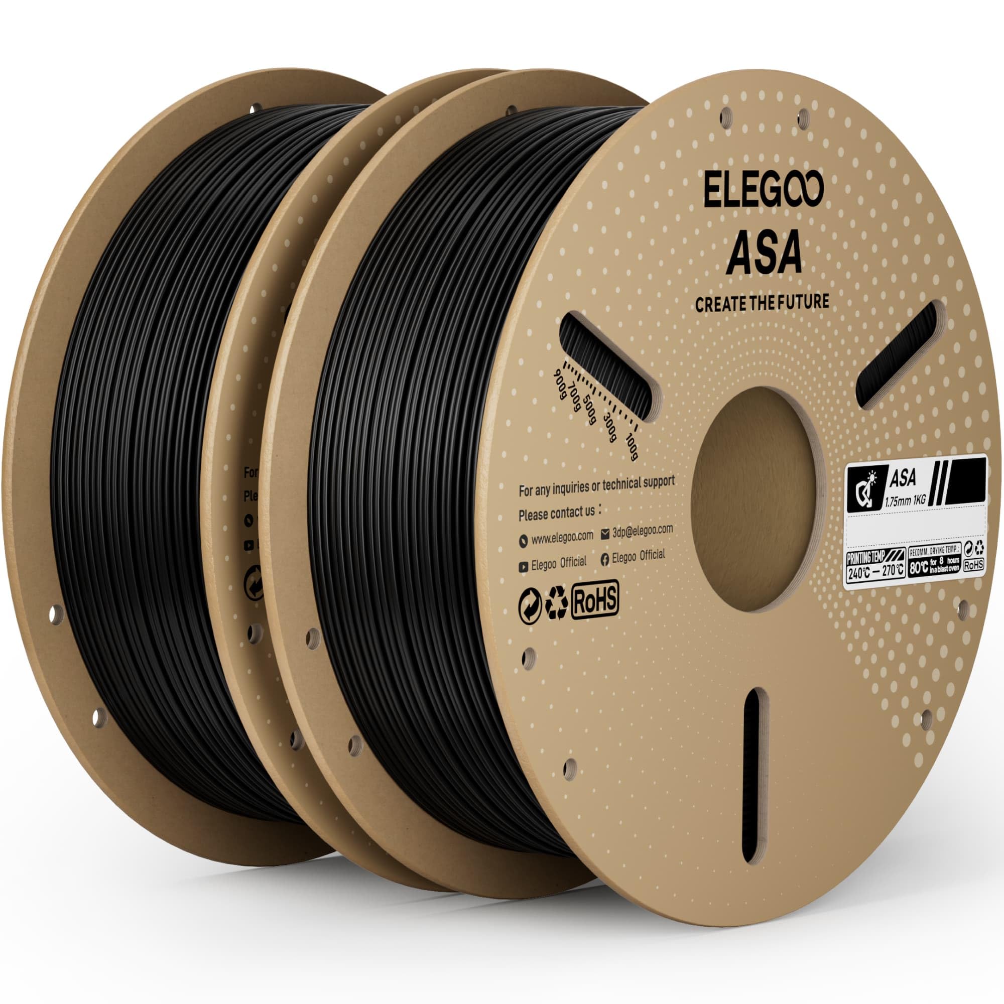 ELEGOO ASA Filament 1.75mm Deep Black 2KG, UV & Weather Resistant 3D Printer Filament for Outdoor Functional Parts, High Impact 