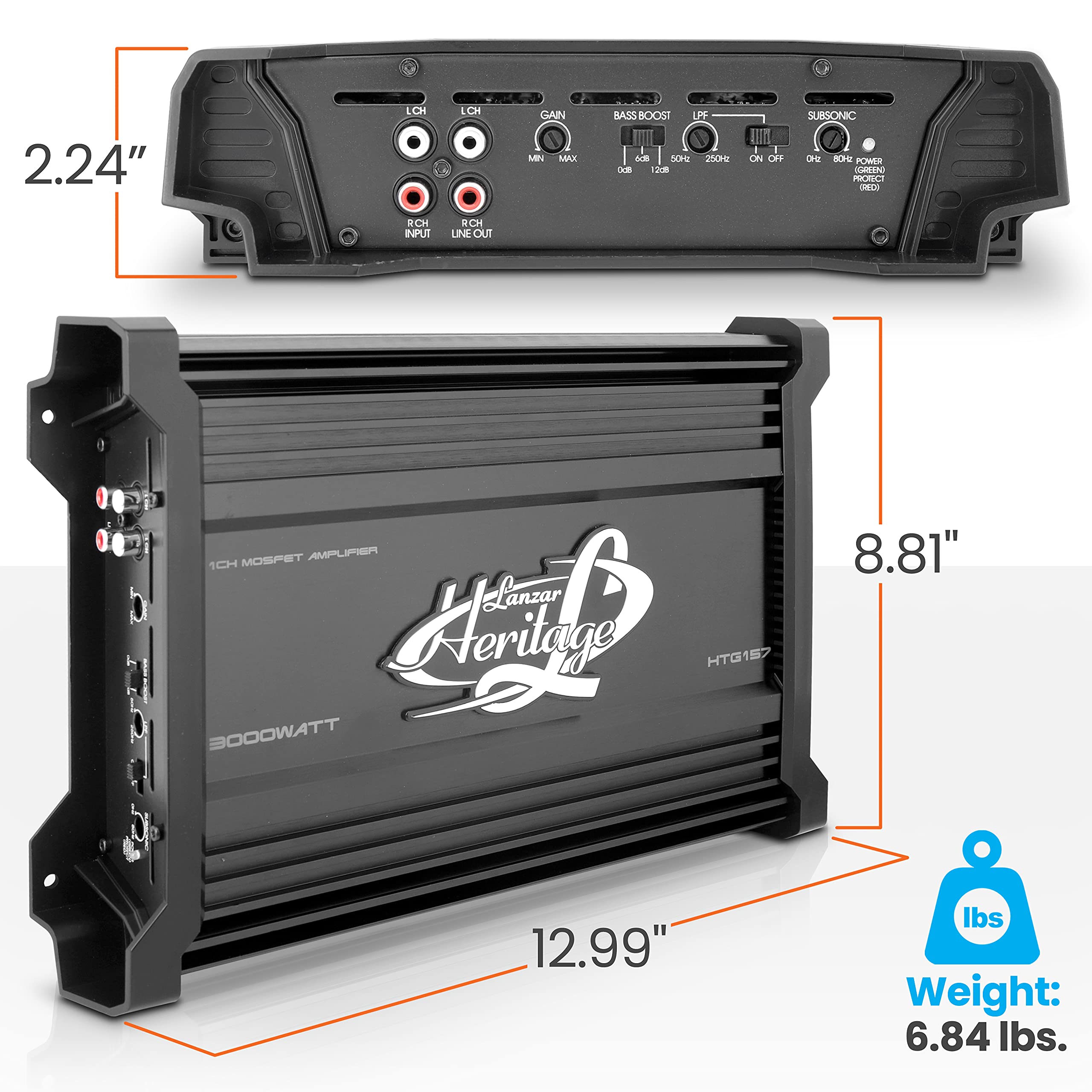 Lanzar HTG157 3000W Monoblock Car Audio Amplifier, 2 Ohm, Black, Bass Boost, RCA Input