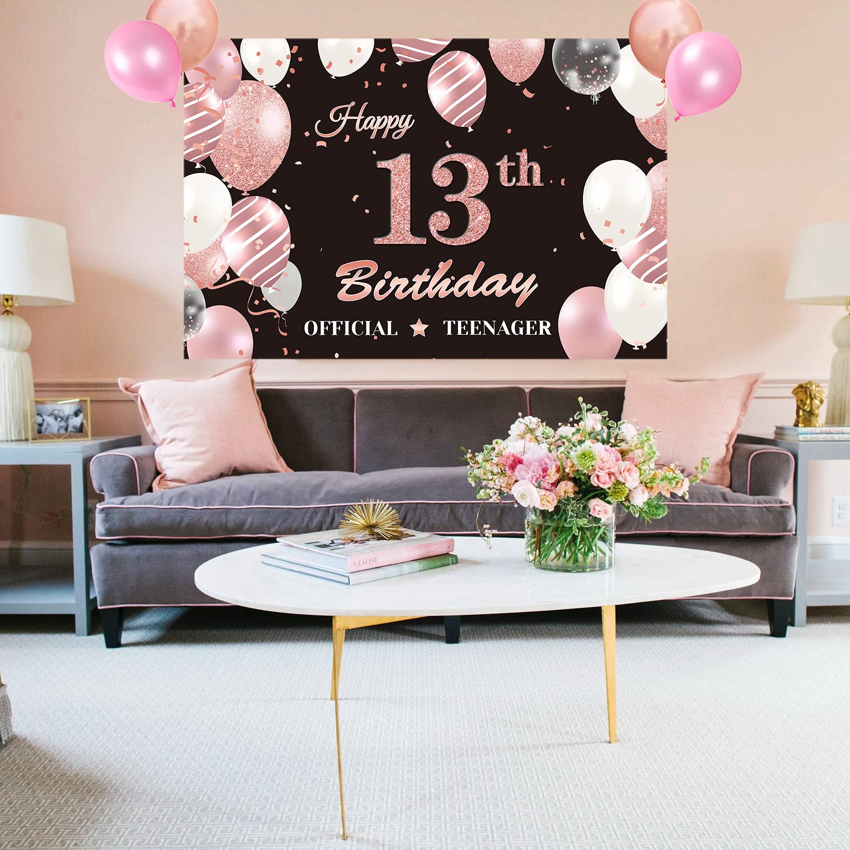 Official Teenager 13Th Birthday Banner Backdrop, Happy 13Th Birthday Photography Background For Girls, Black Rose Gold 13 Years