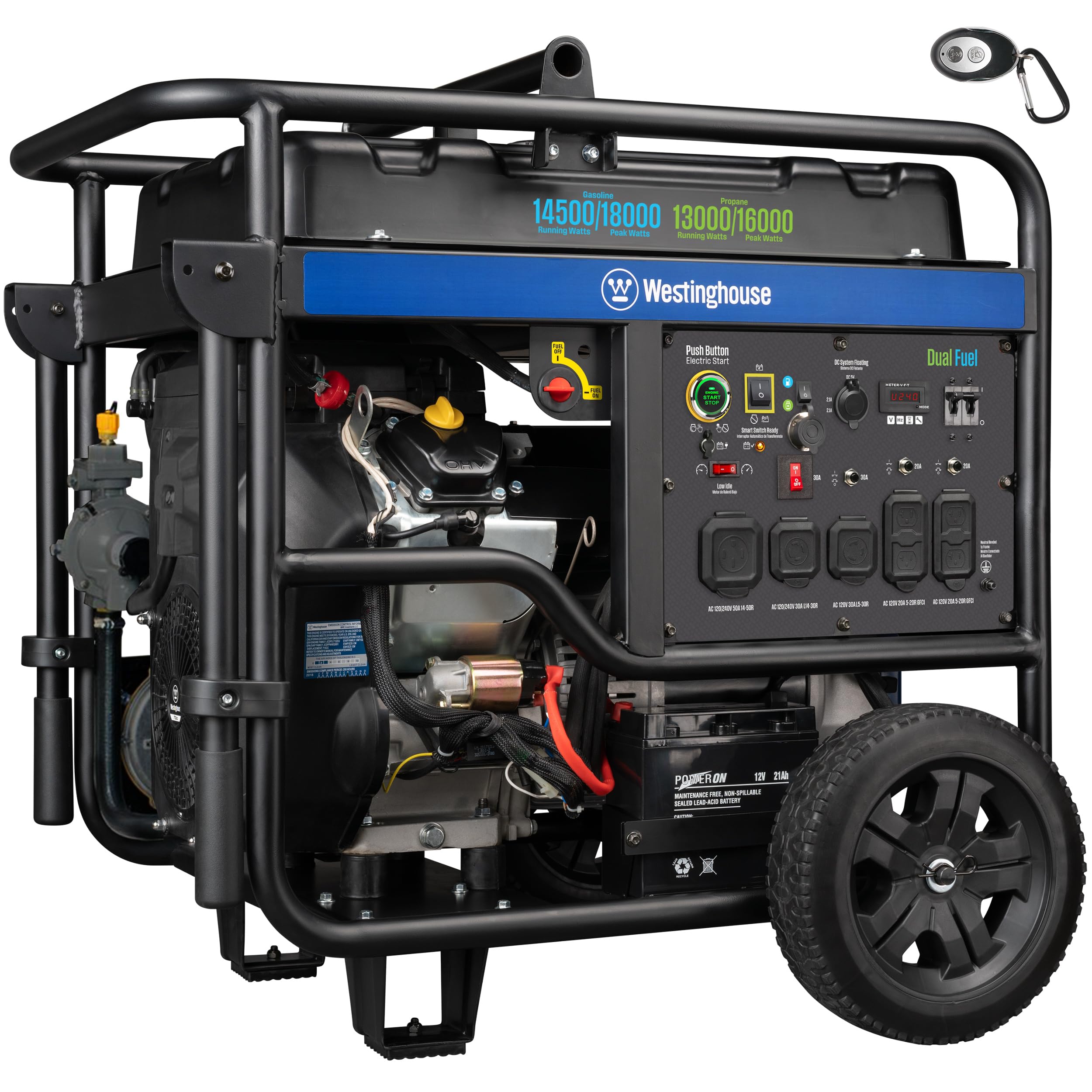 Westinghouse 18000 Peak Watt Dual Fuel Home Backup Portable Generator, Remote Electric Start, Transfer Switch Ready, Gas and Pro