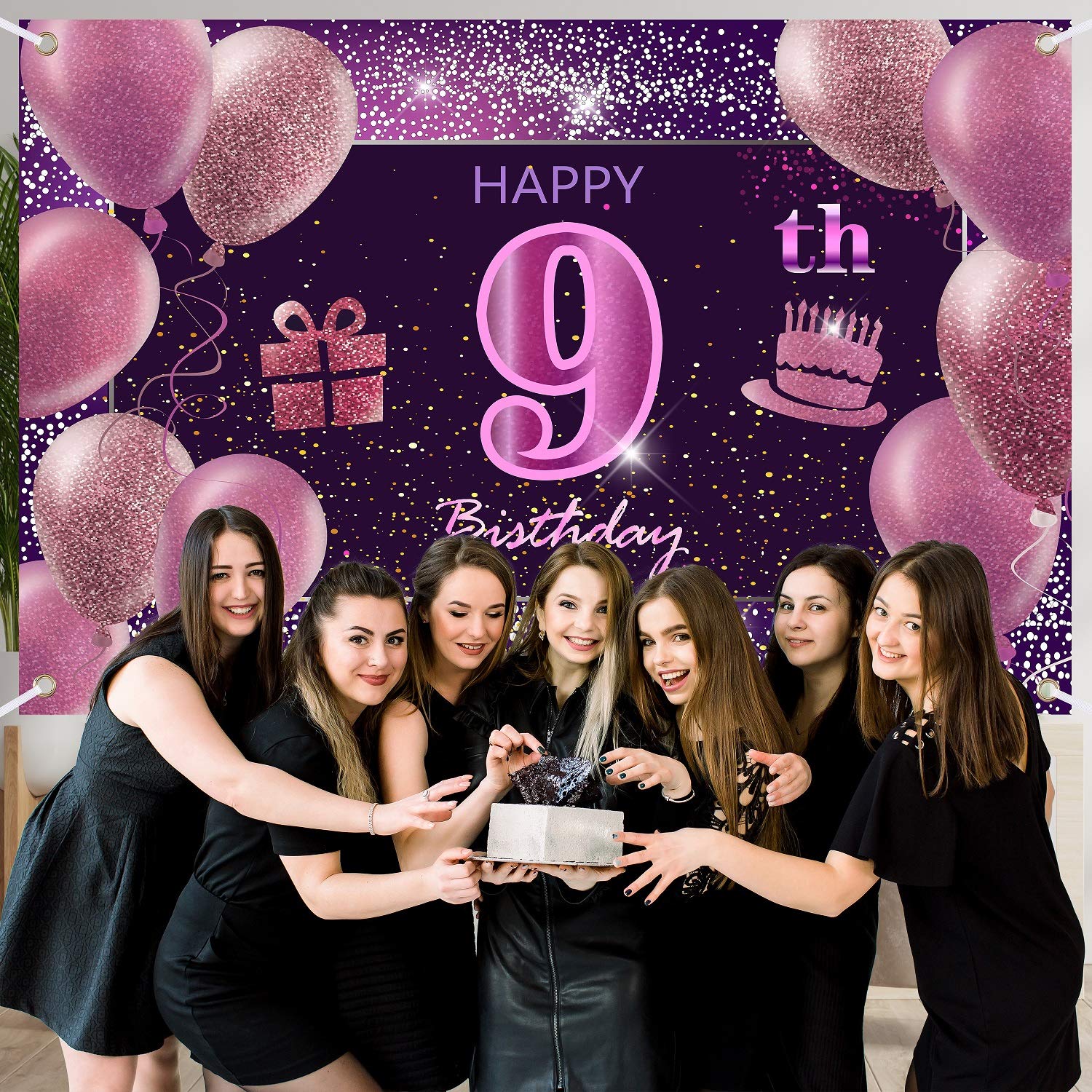 IMISI 9th Birthday Decorations - Happy Birthday Banner, Pink Gold Polyester, Party Backdrop for Girls and Women