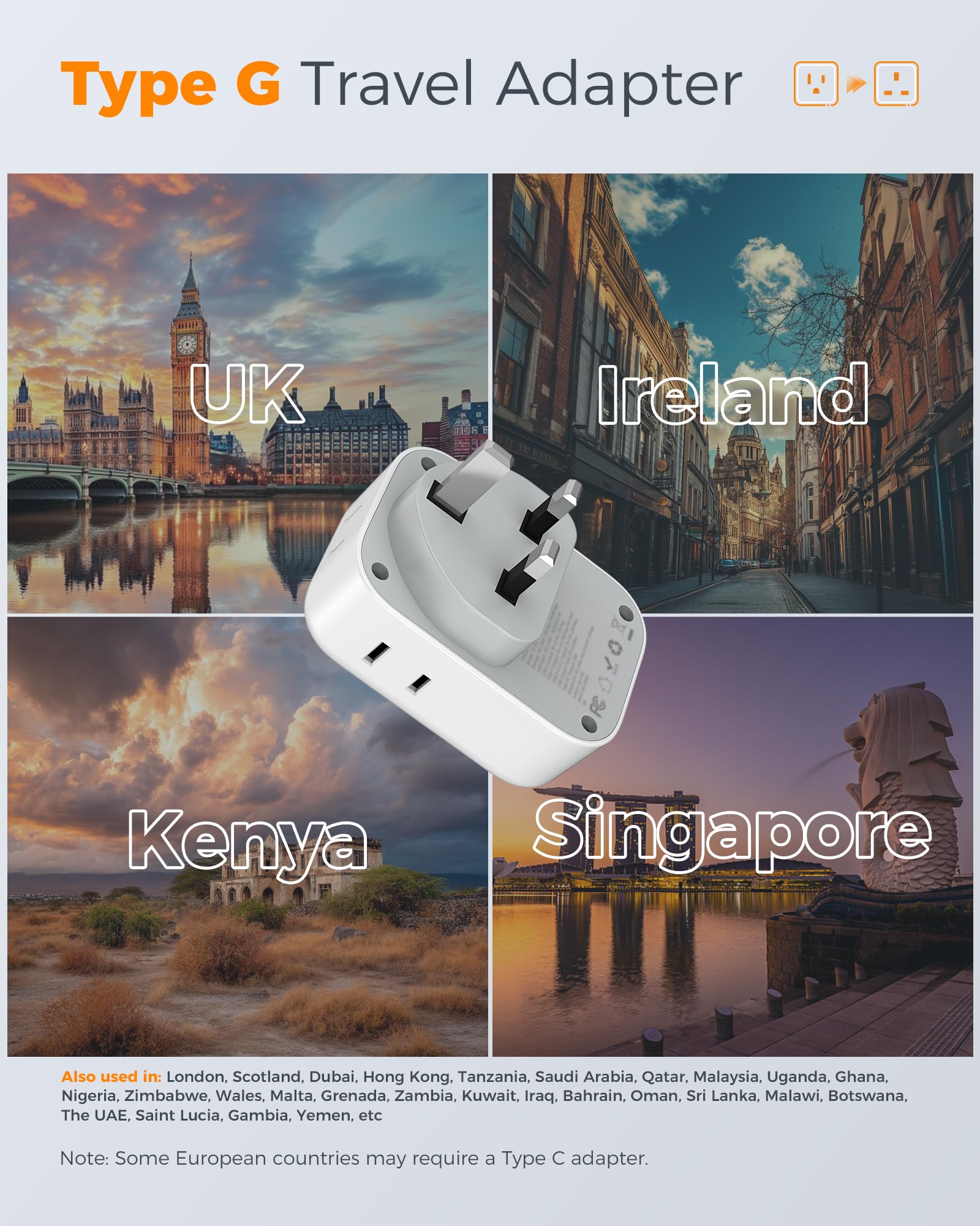Uk Adapters For Travel 2 Pack, Tessan Type G Us To Uk Plug Adapter With 4 Outlets 3 Usb Charger(1 Usb C Port), Power Adaptor For