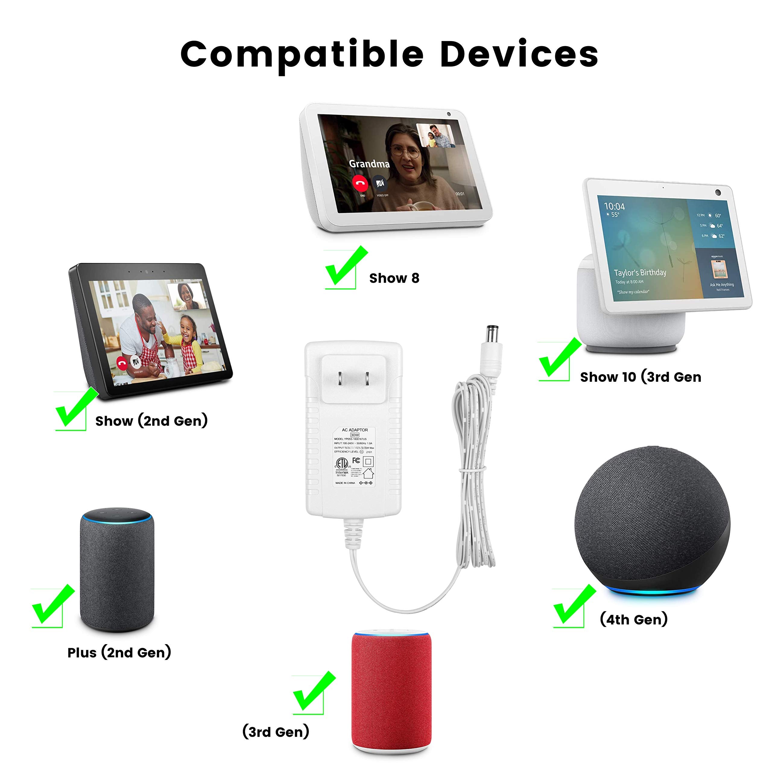 Show 8 Power Cord Adapter Replacement For Alexa 4Th / 3Rd Gen, Show 10 (3Rd Gen), Alexa Plus 2Nd Gen, Alexa Show 2Nd Gen   30W W