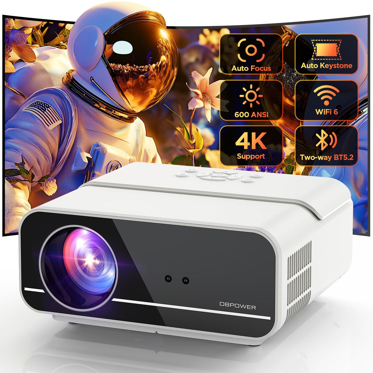 [Auto Focus/Keystone] Dbpower Projector 4K With 5G Wifi And Two-Way Bluetooth, 600Ansi Fhd Native 1080P Outdoor Movie Projector 