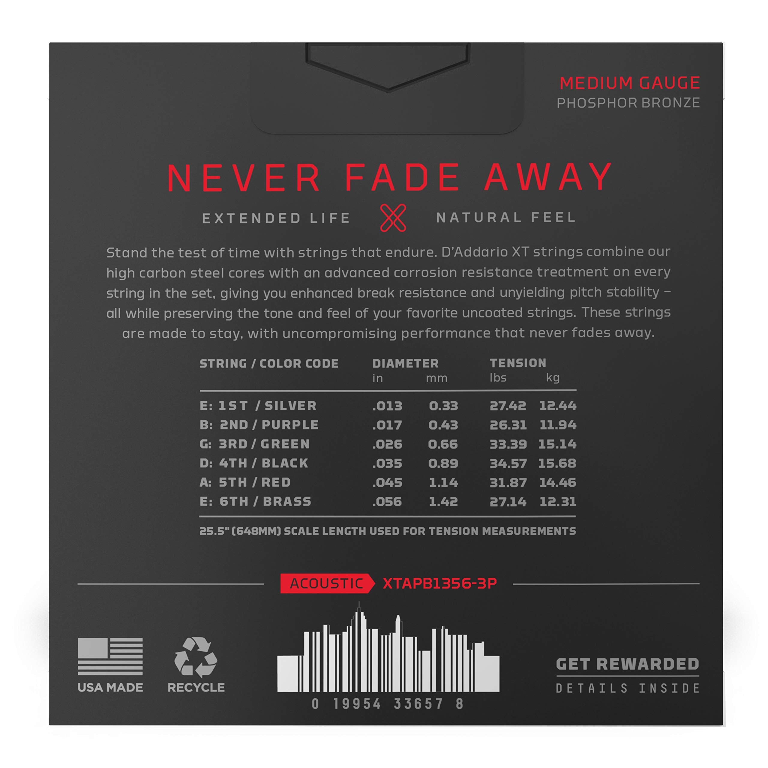 D'Addario Guitar Strings   Xt Phosphor Bronze Coated Acoustic Guitar Strings   Xtapb1356 3P   Extended String Life With Natural