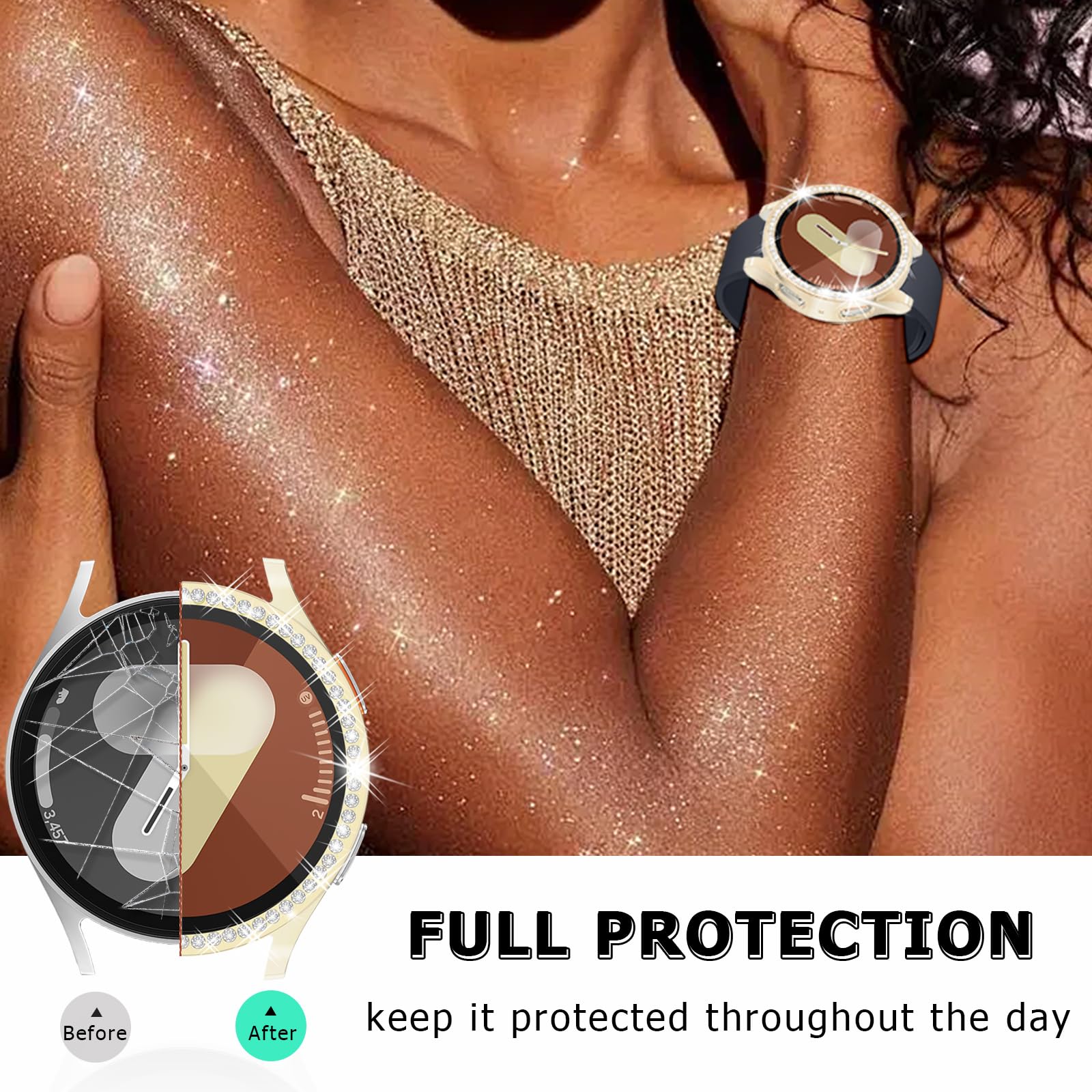 Richone [2Pack] Bling Case For Samsung Galaxy Watch 7 44Mm Screen Protector Cases, Rhinestones Glitter Black Bumper Soft Covers