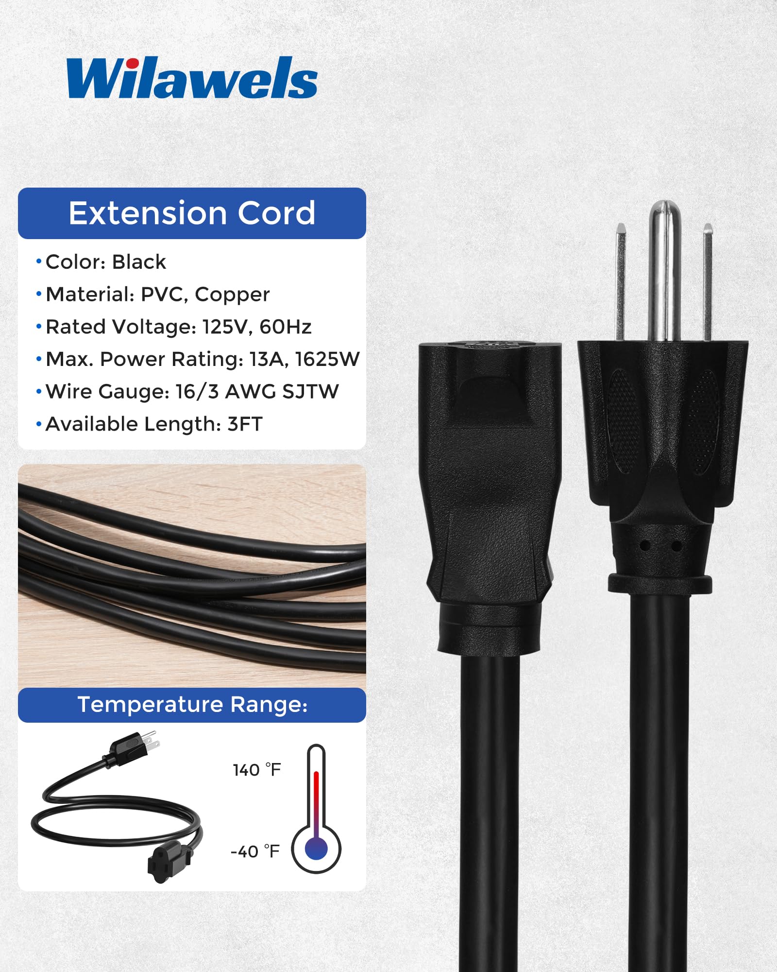 Wilawels 2 Pack Extension Cord 3Ft, 16/3 Gauge Sjtw Power Cable For Indoor And Outdoor Use, 3 Prong Grounded Outlets For Hallowe