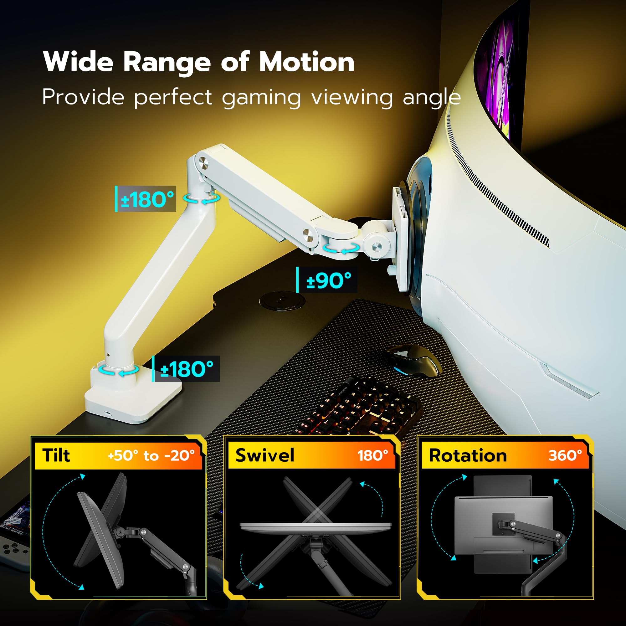 Ares Wing Single Monitor Mount With Usb A/C, Heavy Duty Monitor Arm For 17 To 49 Inch Ultrawide Monitor, Holds 44 Lbs, Adjustabl