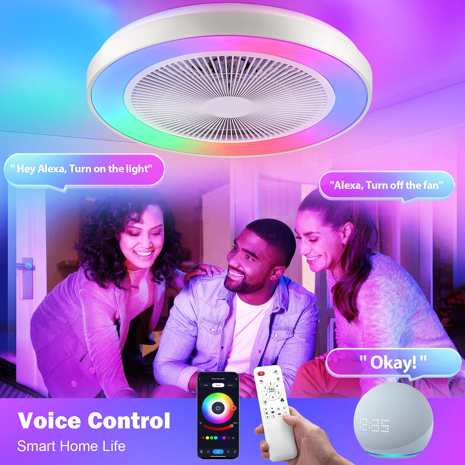 Vookea 2 In 1 Low Profile Ceiling Fan With Light, 20    Caged Safety Design For Kids   Rgb Color, Smart App/Remote Control, Quie