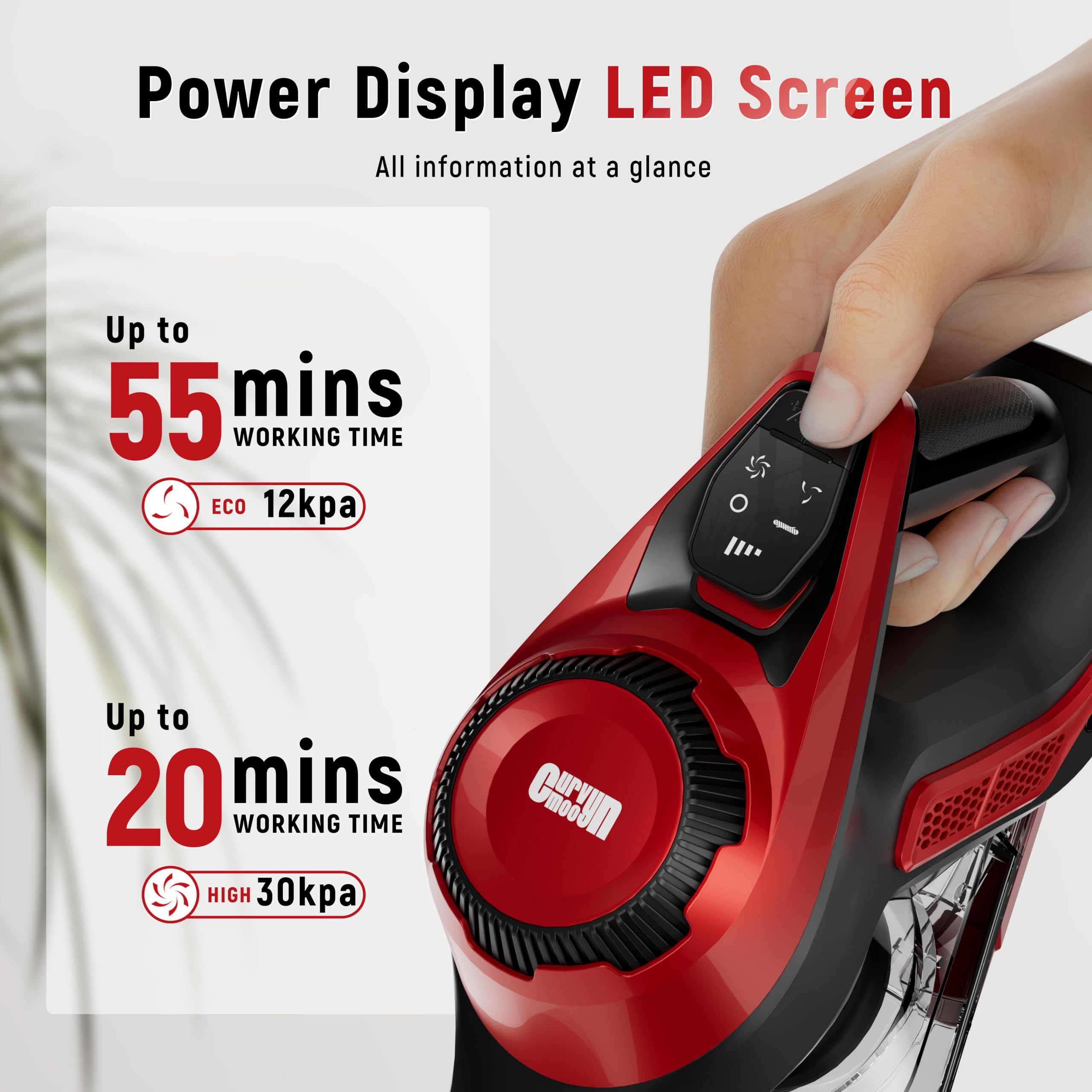 Cordless Vacuum Cleaner, 30Kpa Home Stick Vacuum, Smart Display & 1.5L Dust Cup, 55Mins Max Runtime, Rechargeable Lightweight Ha