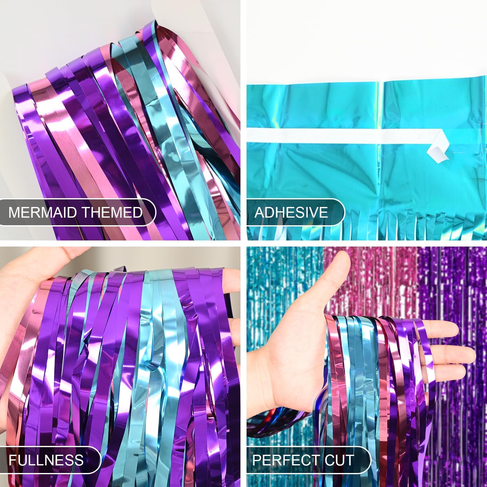 Mermaid Themed Foil Fringe Curtains, 2 Packs Of 3.3X6.6 Ft Blue Purple And Hot Pink Tinsel Foil Fringe Curtains Photo Booth Prop