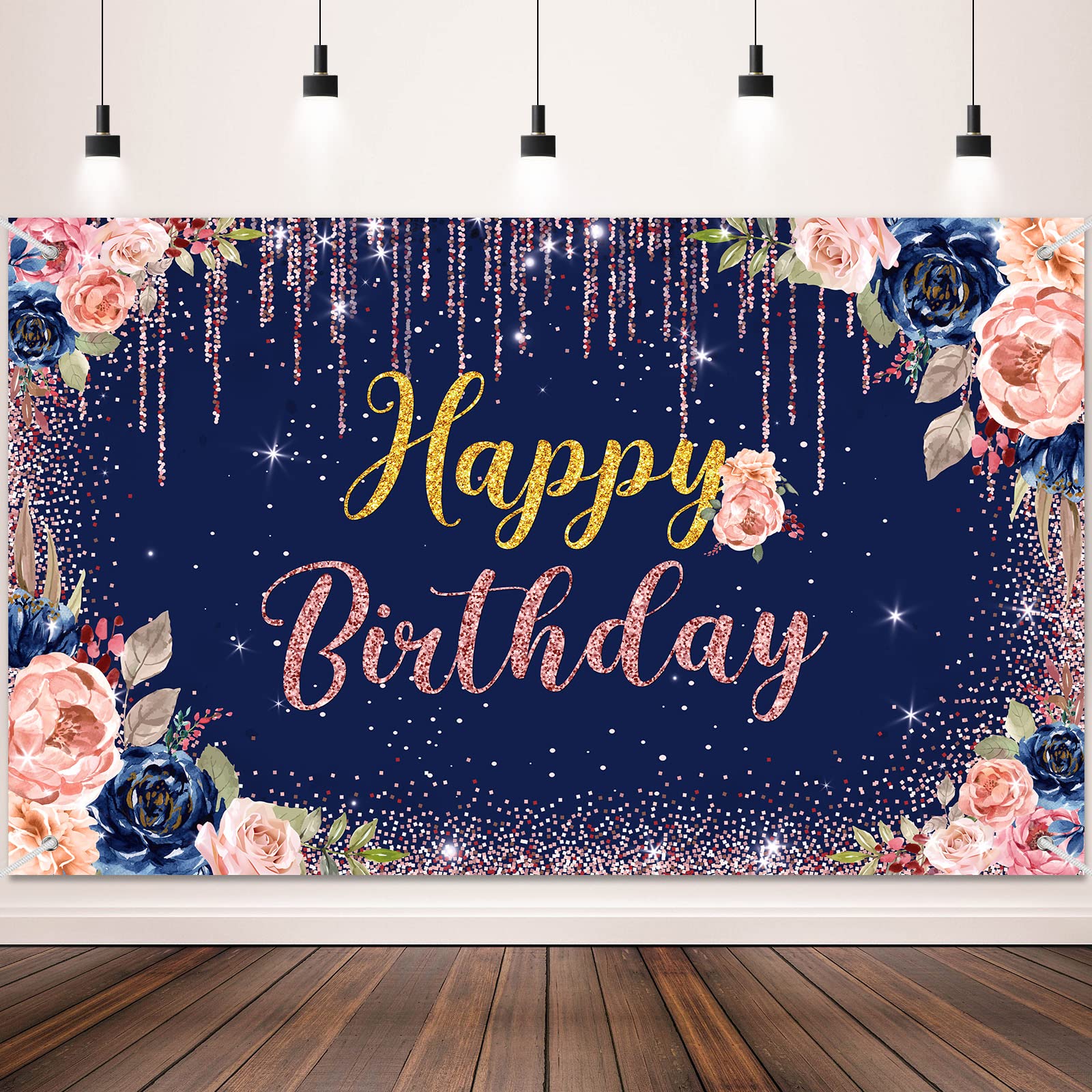 Happy Birthday Backdrop Decorations For Women Background Party Supplies Rose Backdrop Photography For Girls Boys Floral Glitters