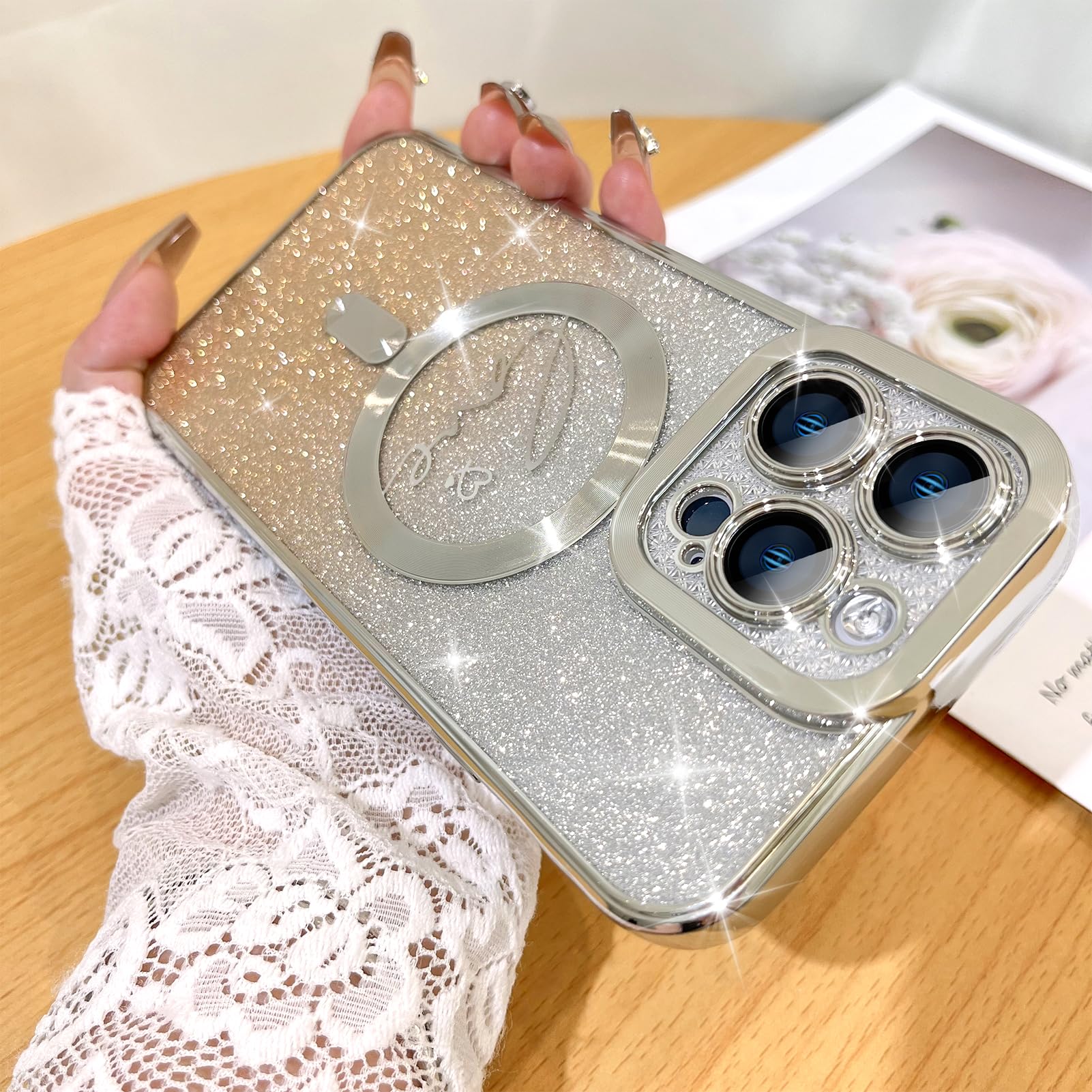 Fiyart Compatible With Iphone 14 Pro Max Case,Compatible With Magsafe Love Heart Plating Camera Protection Clear Phone Case, Mag