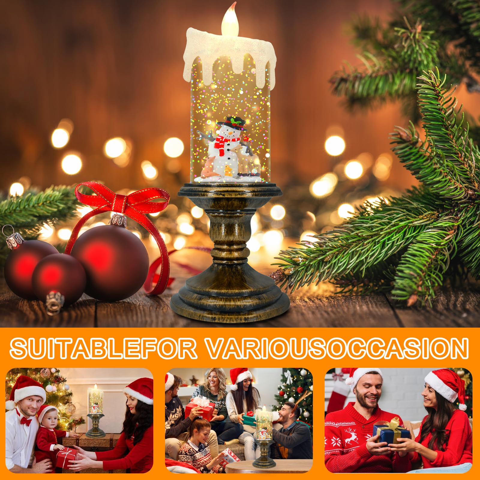 Aomil Christmas Flameless Candles, Flickering Flameless Candles With Timer, Christmas Led Candles Battery Operated, Snow Globe C
