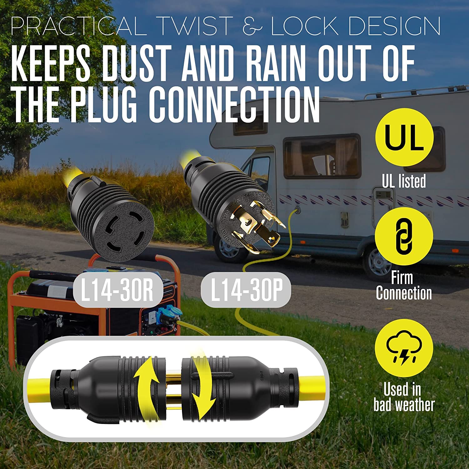 Houseables 30 Amp Generator Cord 4 Prong, Extension Generator Cable, 25 Ft, 125 250V, 7500 Watt Max Rating, Ul Cul, Nema L 14 30