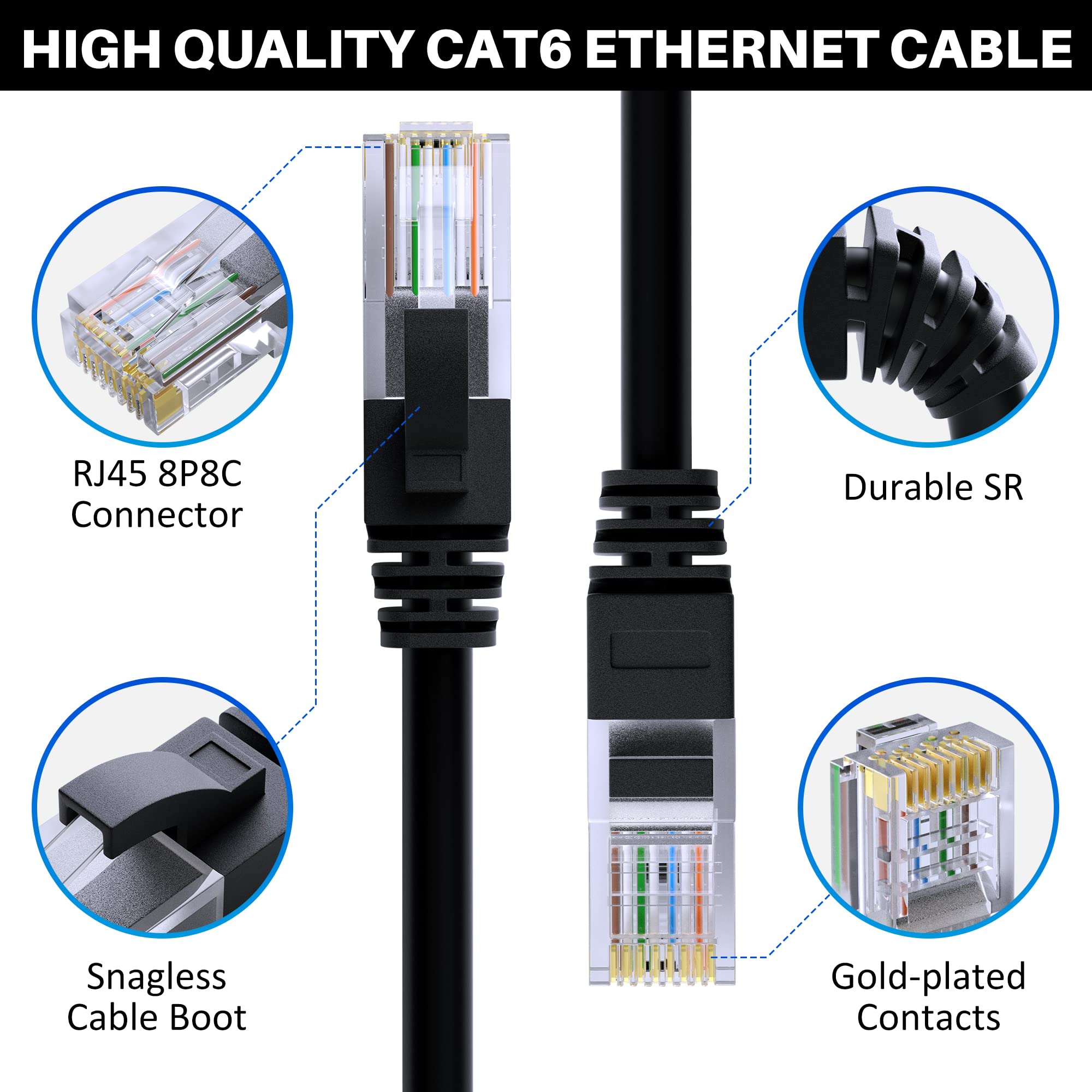 Cat 6 Ethernet Cable 200 Ft, Long High Speed Cat6 Internet Cable, Black Snagless Patch Cord, Flexible, Network, Lan, Poe, Standa