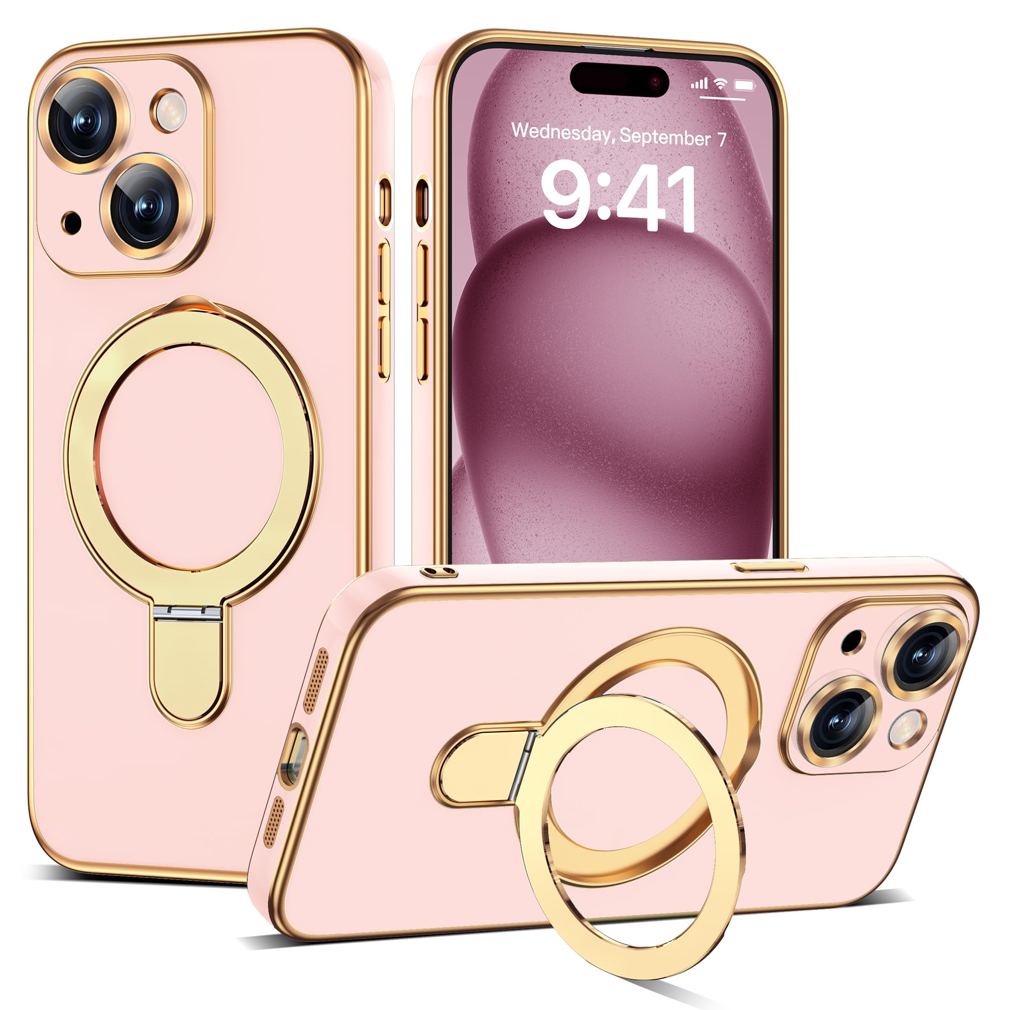 ETPESOK Compatible with iPhone 15 Case with Magnetic Ring Stand [Compatible with Mag-Safe] [Full Camera Lens Protector] Soft Pla