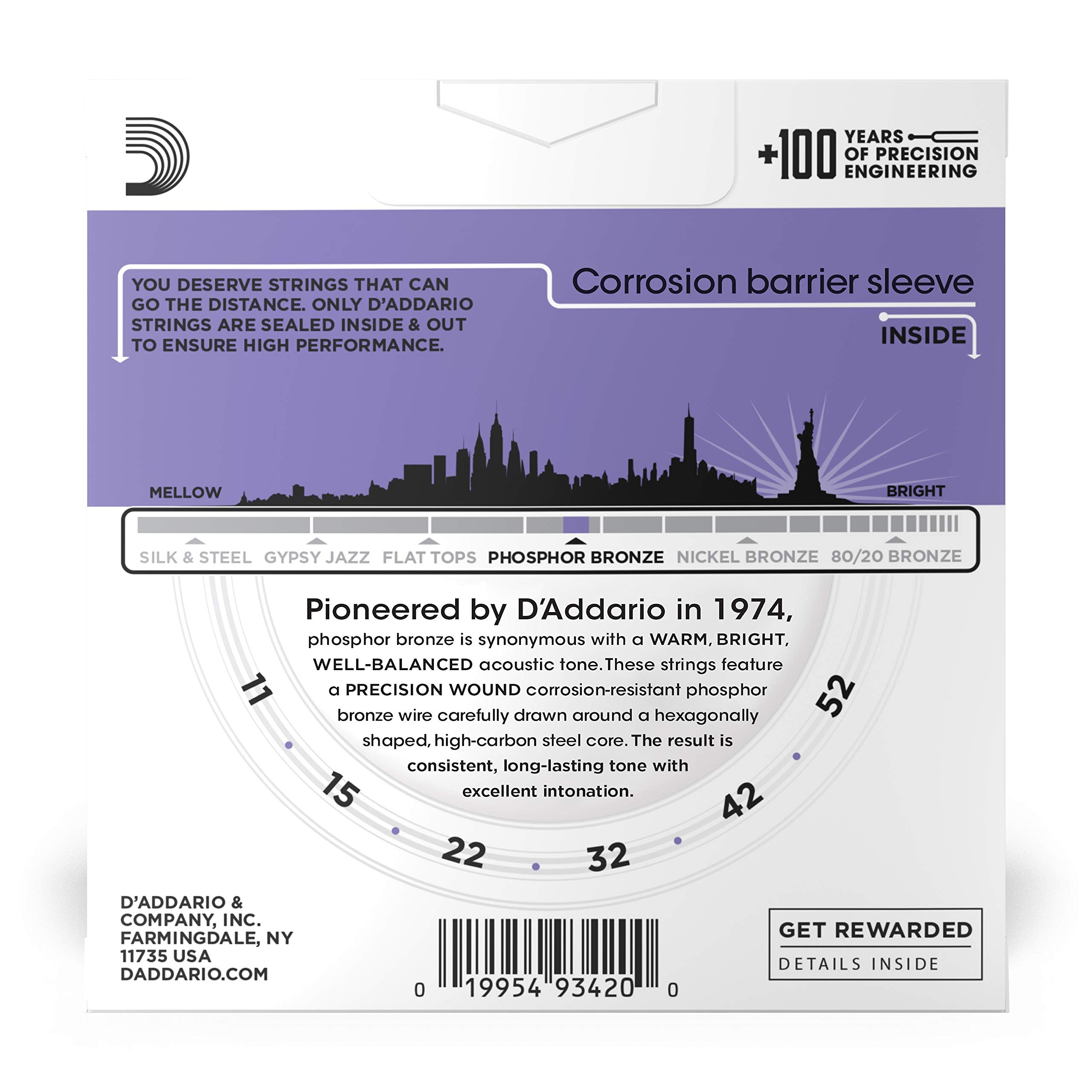 D'Addario Guitar Strings   Phosphor Bronze Acoustic Guitar Strings   Ej26 3D   Rich, Full Tonal Spectrum   For 6 String Guitars