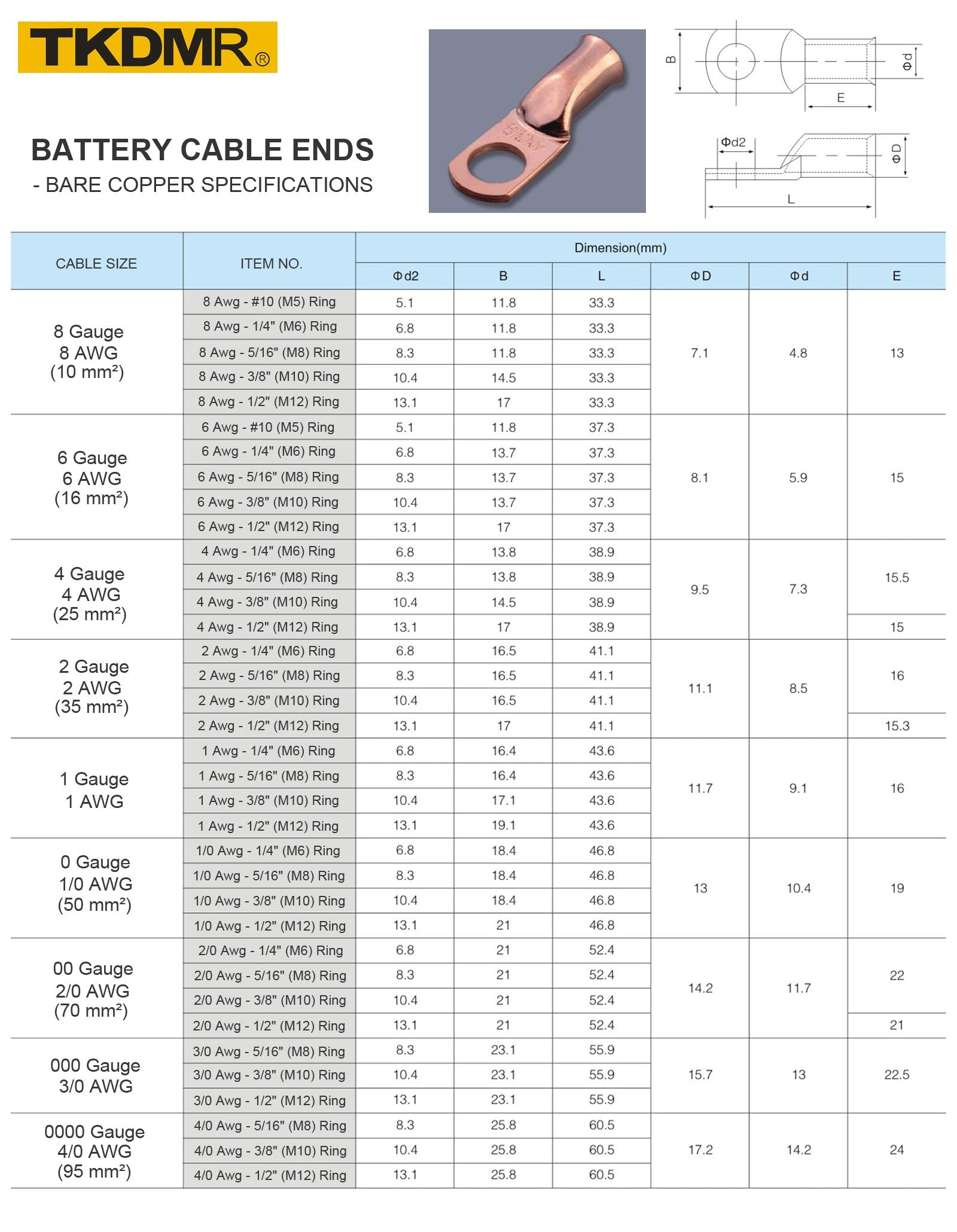 Tkdmr 4Pcs 2/0 Awg 3/8'' Battery Lugs,Copper Wire Lugs,Heavy Duty Battery Cable Ends,Tubular Ring Terminals,Awg Crimp Wire Ring