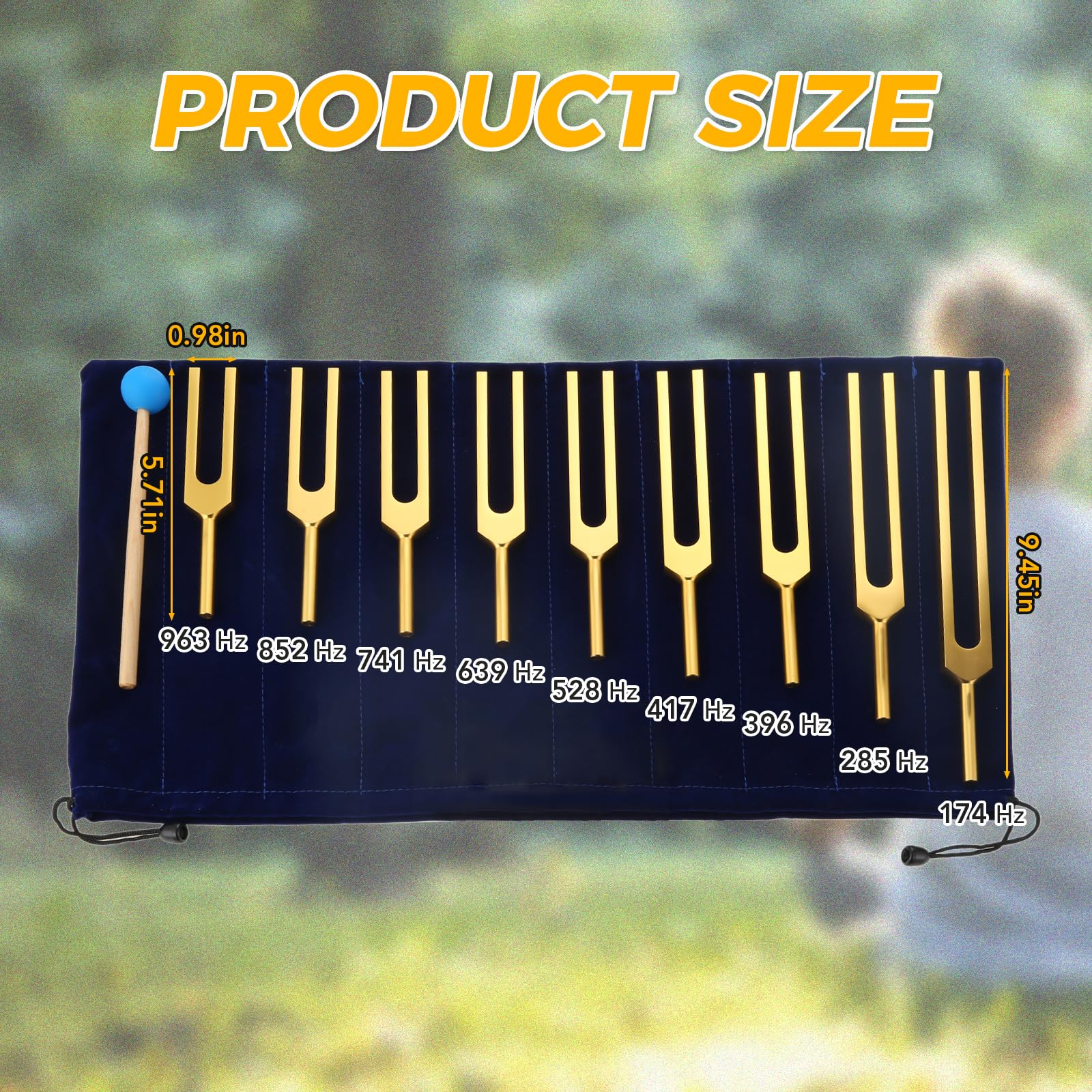 Solfeggio Tuning Fork Set, Golden 9 Tuning Forks With Rubber Hammer And Bag (174 Hz, 285 Hz, 396 Hz, 417 Hz, 528 Hz, 639 Hz, 741