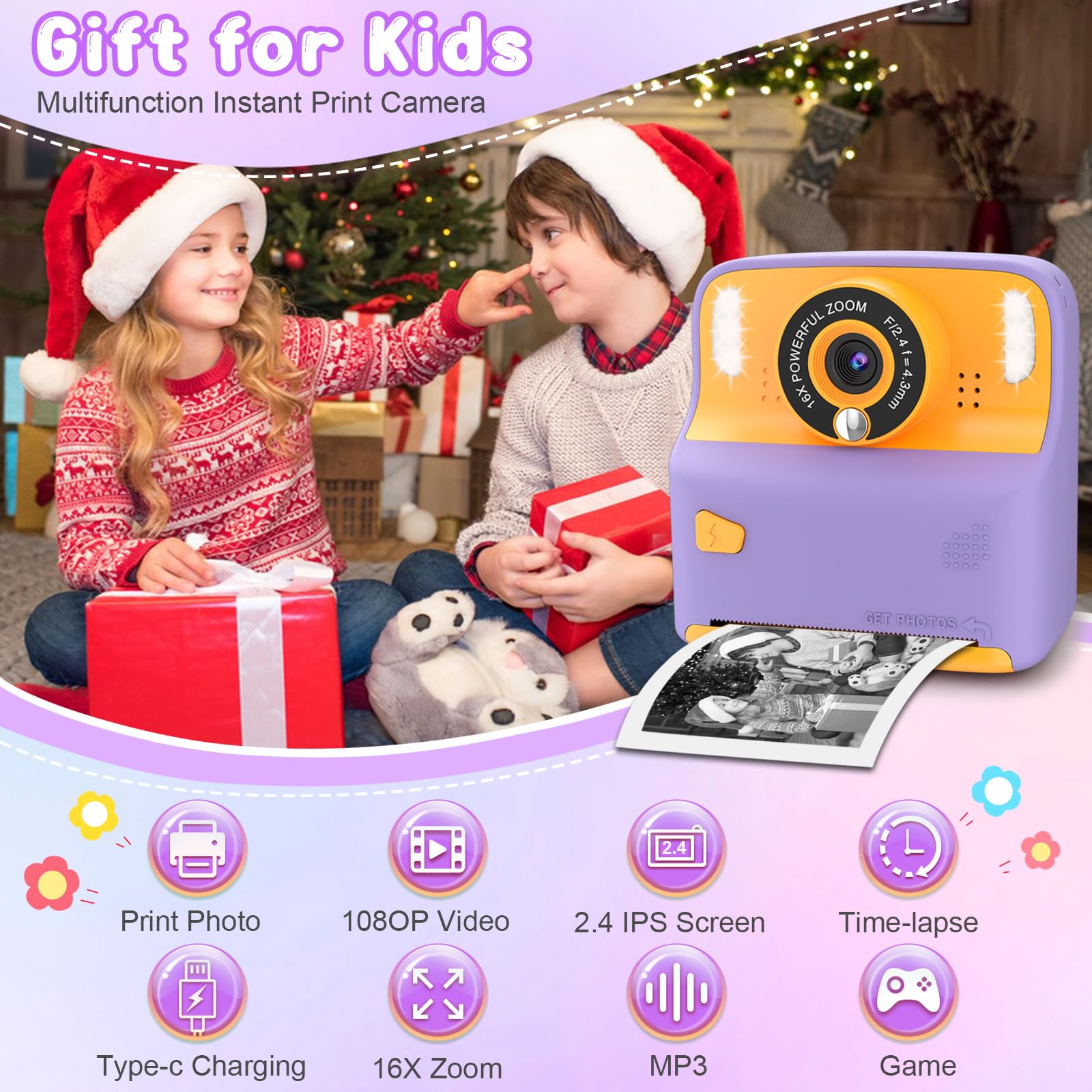 Instant Print Camera For Kids, Christmas Birthday Gift For 3 12 Year Old Girls Boys, Children Digital Camera Print Black And Whi