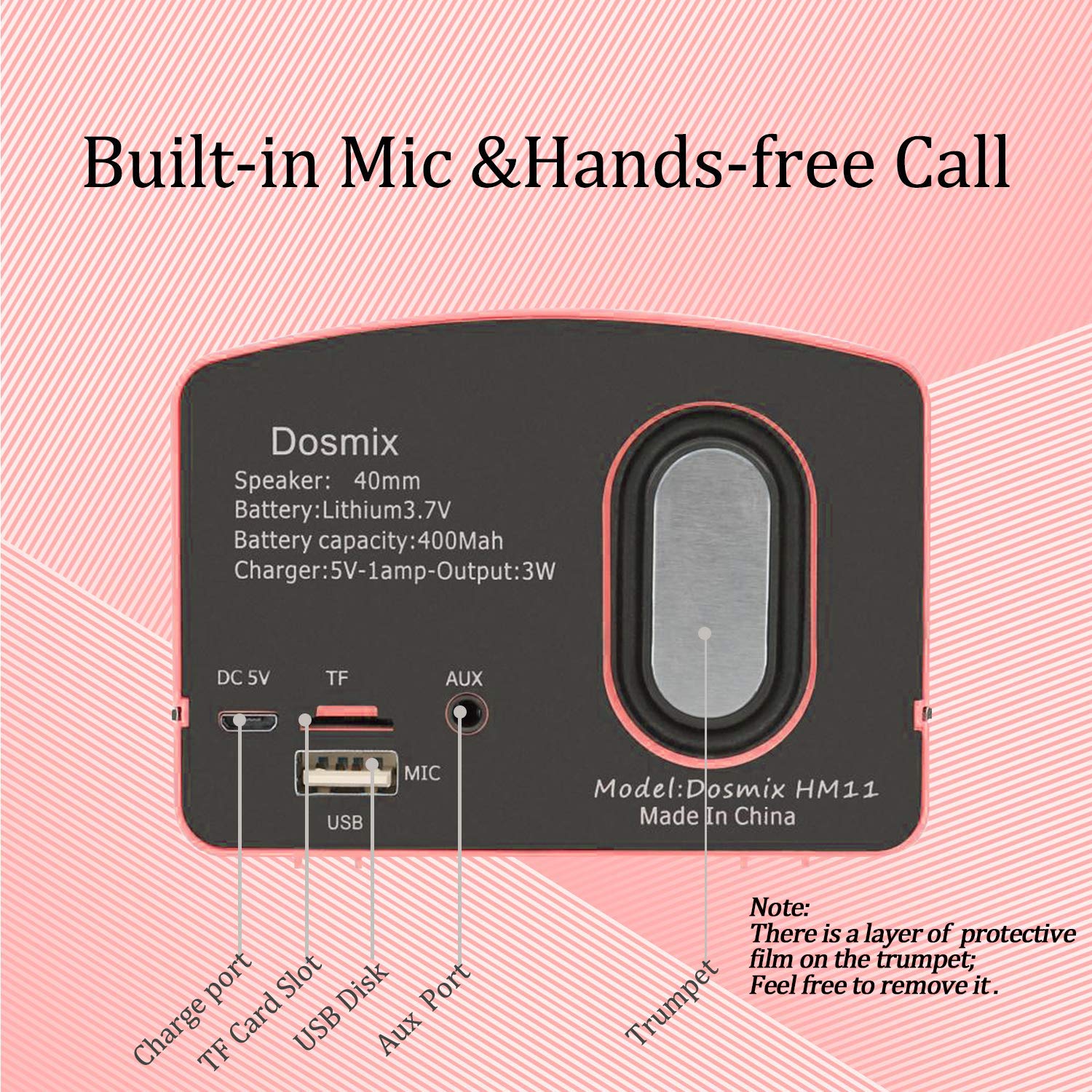 Dosmix HM11 Portable Bluetooth Stereo Speaker Enhanced Bass Retro Wireless Vintage Pink