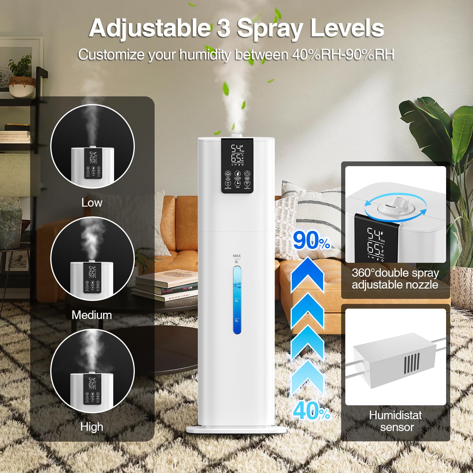 Smart Humidifiers Large Room Bedroom Home,2.11Gal(8L) Quiet Top Fill Cool Mist Humidifier,Smart App & Remote Control, 3 Speed Hu