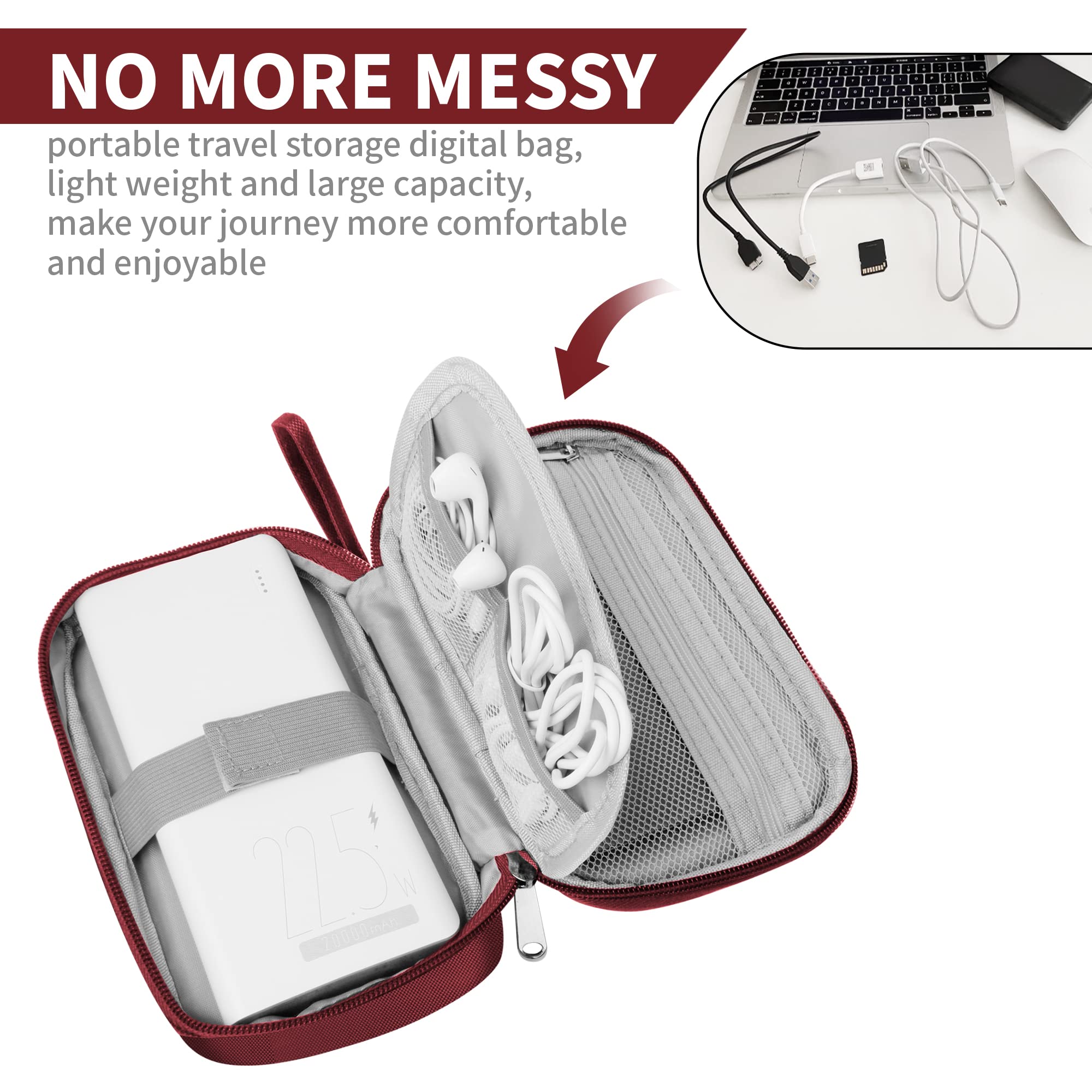 Lcsmaokin Travel Cable Organizer Bag Portable Electronic Accessories Case Polyester Wine Red Small