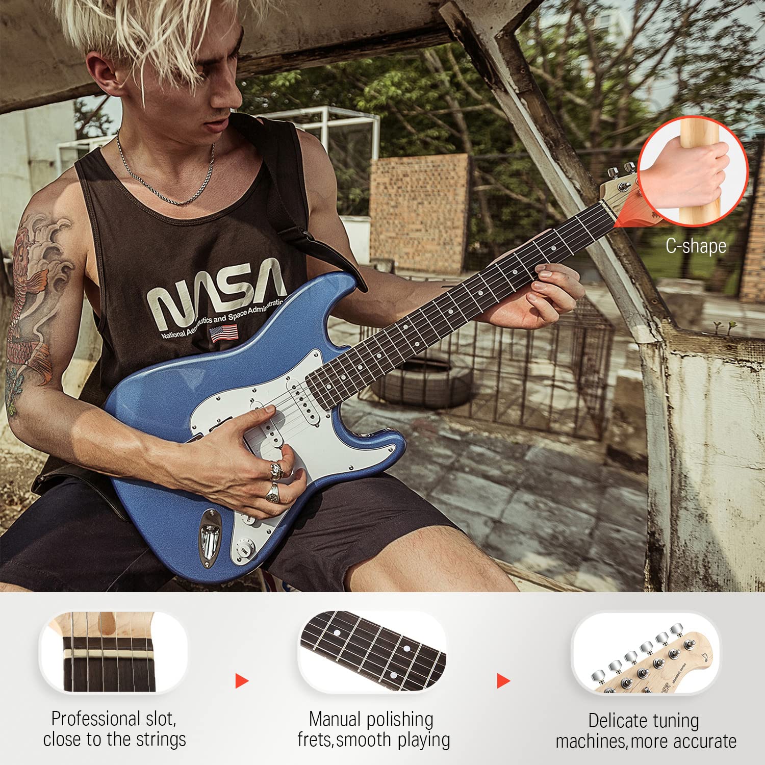 Donner Dst 100T 39 Inch Electric Guitar Beginner Kit Solid Body Full Size Lake Blue Hss Pick Up For Starter, With Amplifier, Bag