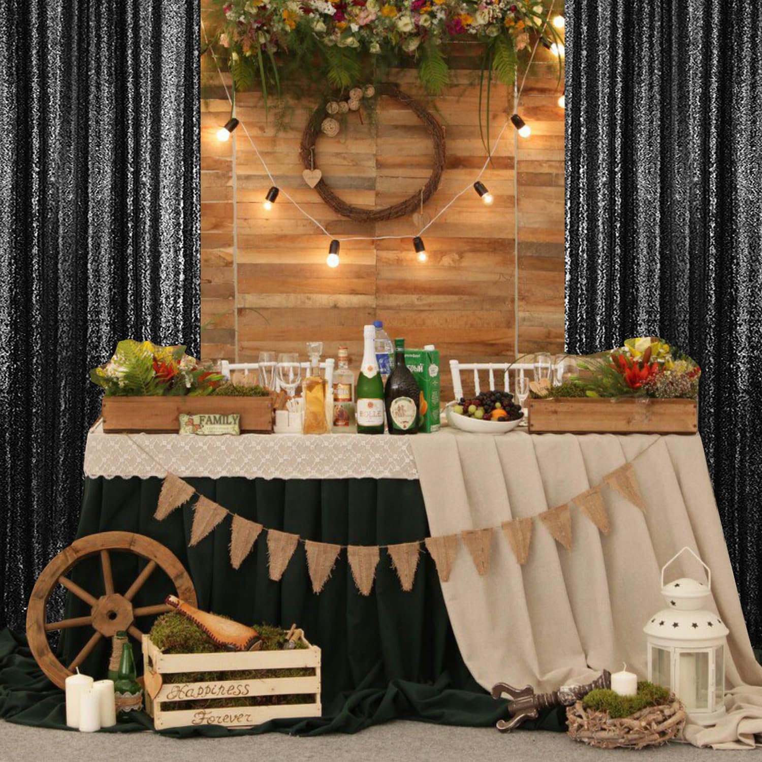 2  8Ft 2Pcs Black Sequin Backdrop Curtains Panels, Photography Backdrop Glitter Curtains Fabric Background For Wedding Party Dec