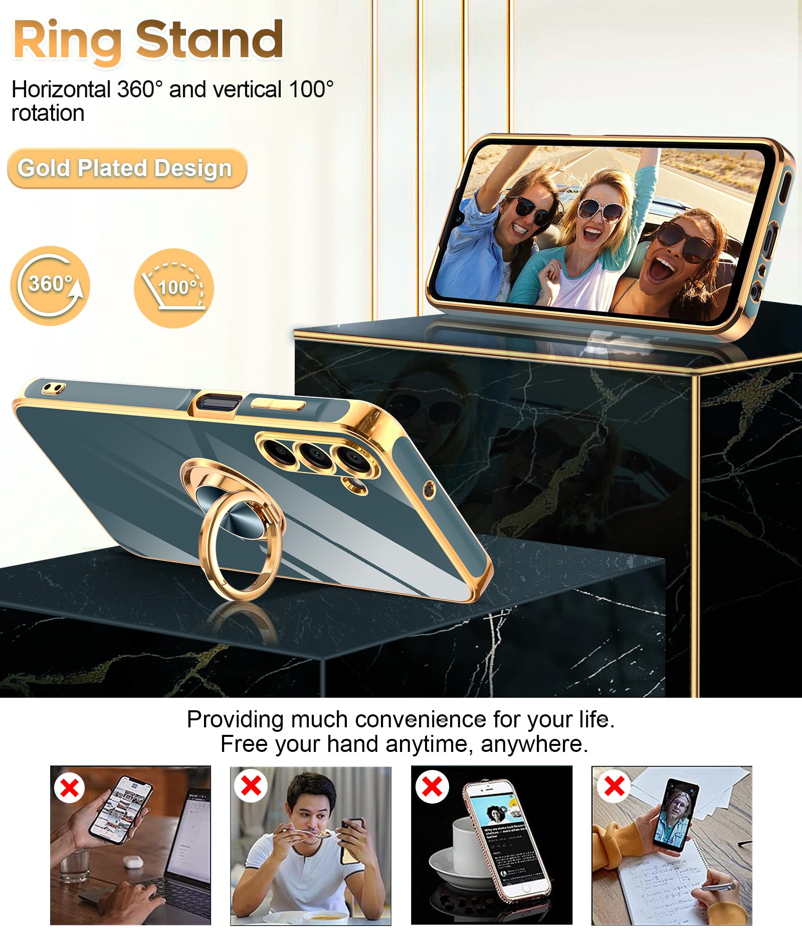 Leyi For Samsung A15 5G Case: With Tempered Glass Screen Protector [2 Pack] 360 Rotatable Ring Holder Magnetic Kickstand, Platin