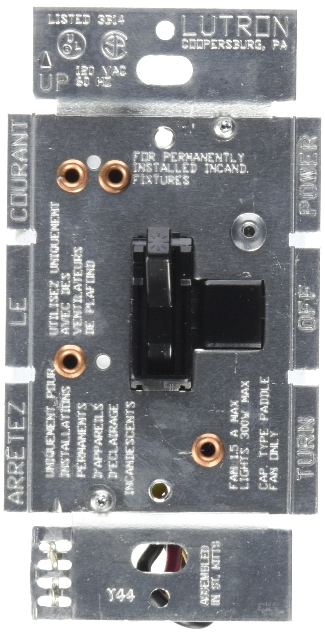 Lutron Toggler Combination Fan And Light Control, 1.5 Amp, Single Pole/3 Speed, Ay2 Lfsq Bl, Black