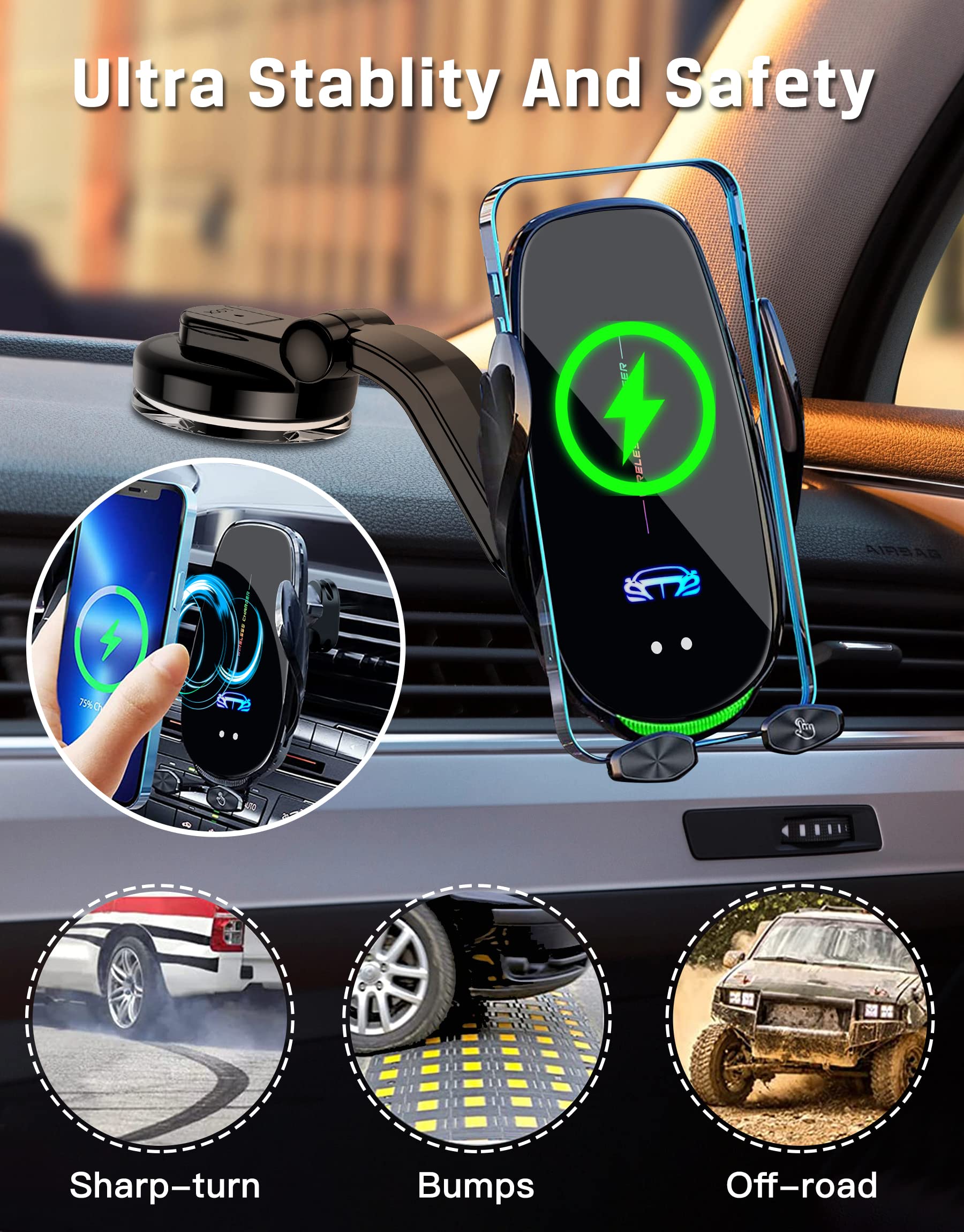 Wireless Car Charger Mount, Fast Charging Auto Clamping 15W Intelligent Dual Control Induction Car Phone Holder Mount Wireless C