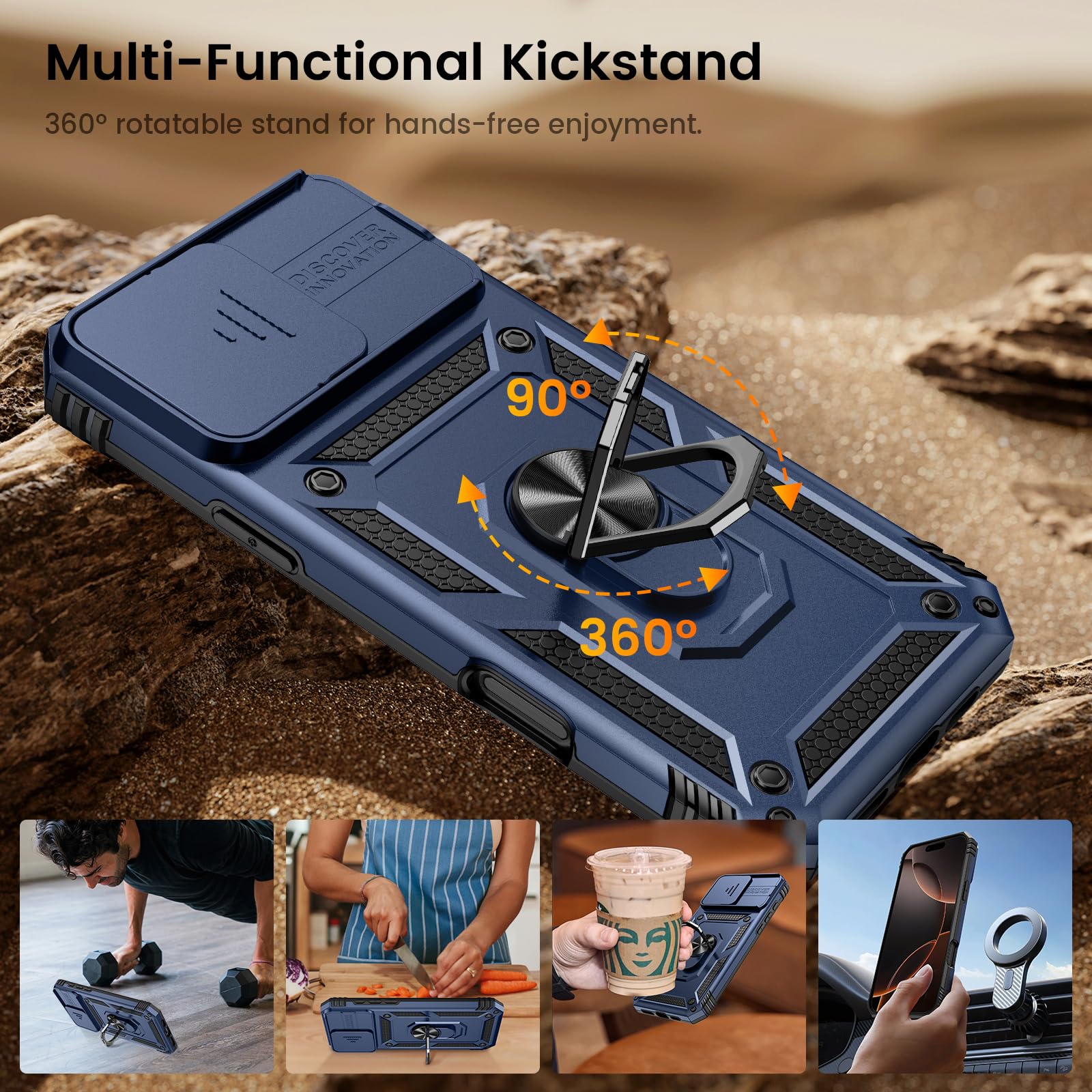 Goton Compatible For Iphone 16 Pro Max Case With Screen Protector   Slide Camera Cover Protective Phone Case With Ring Stand, He